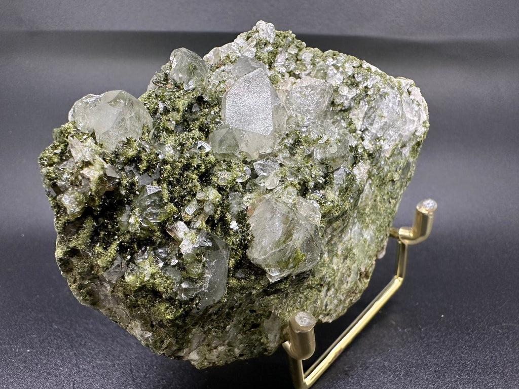 Rare Green Epidote with Quartz Crystals: Sparkly Rainbow Stone Decor