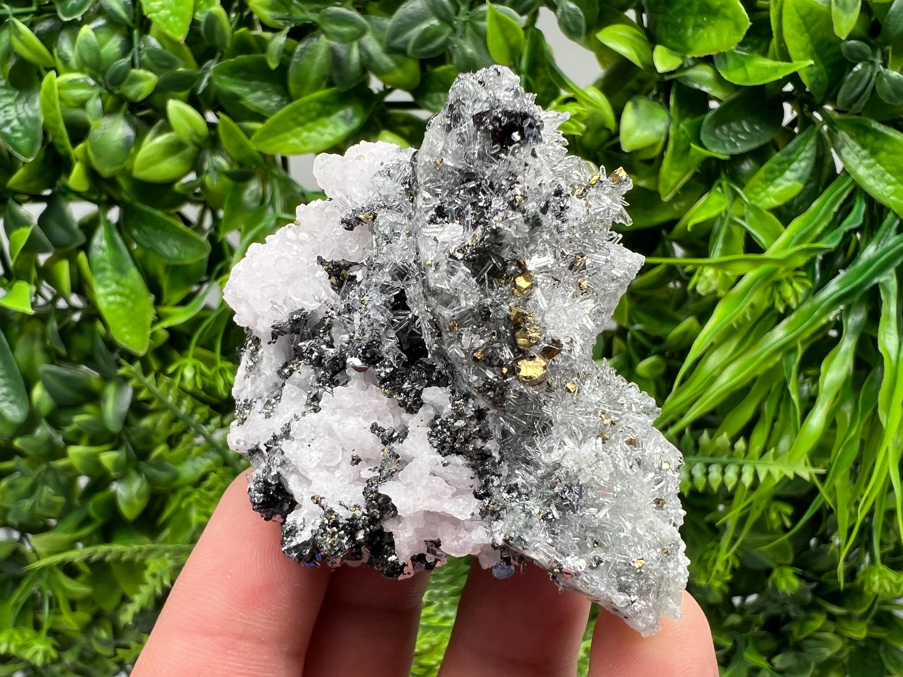 Stunning Cgalcopyrite,Galena,Sphalerite,Calcite,on needle Quartz from Borieva mine,Madan,Bulgaria,natural,collectible mineral specimen,gift
