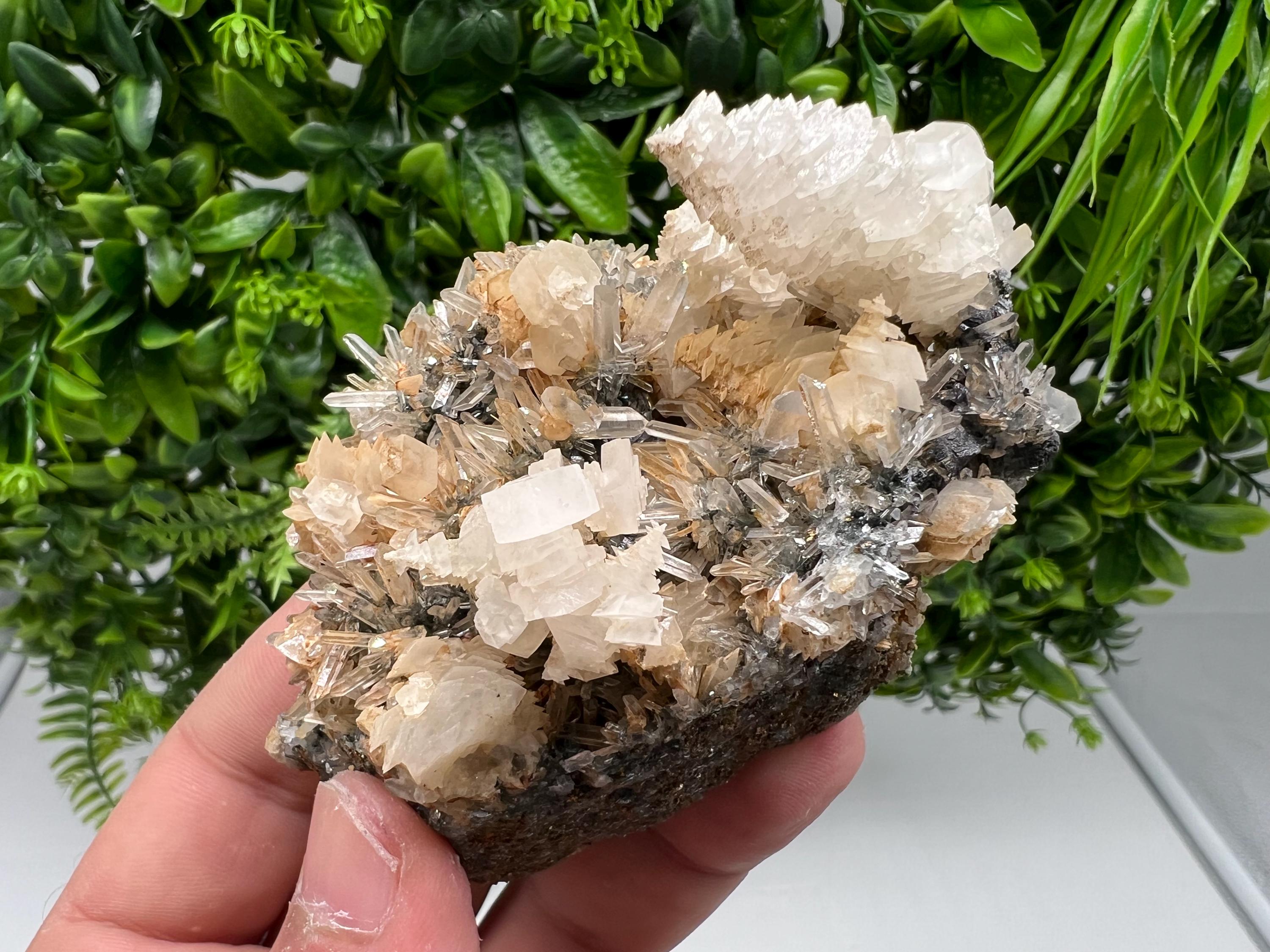 Wonderful Calcite on Quartz white Sphalerite, from Borieva mine,Bulgaria,natural,collection mineral specimen,Home decor crystal,gift,healing
