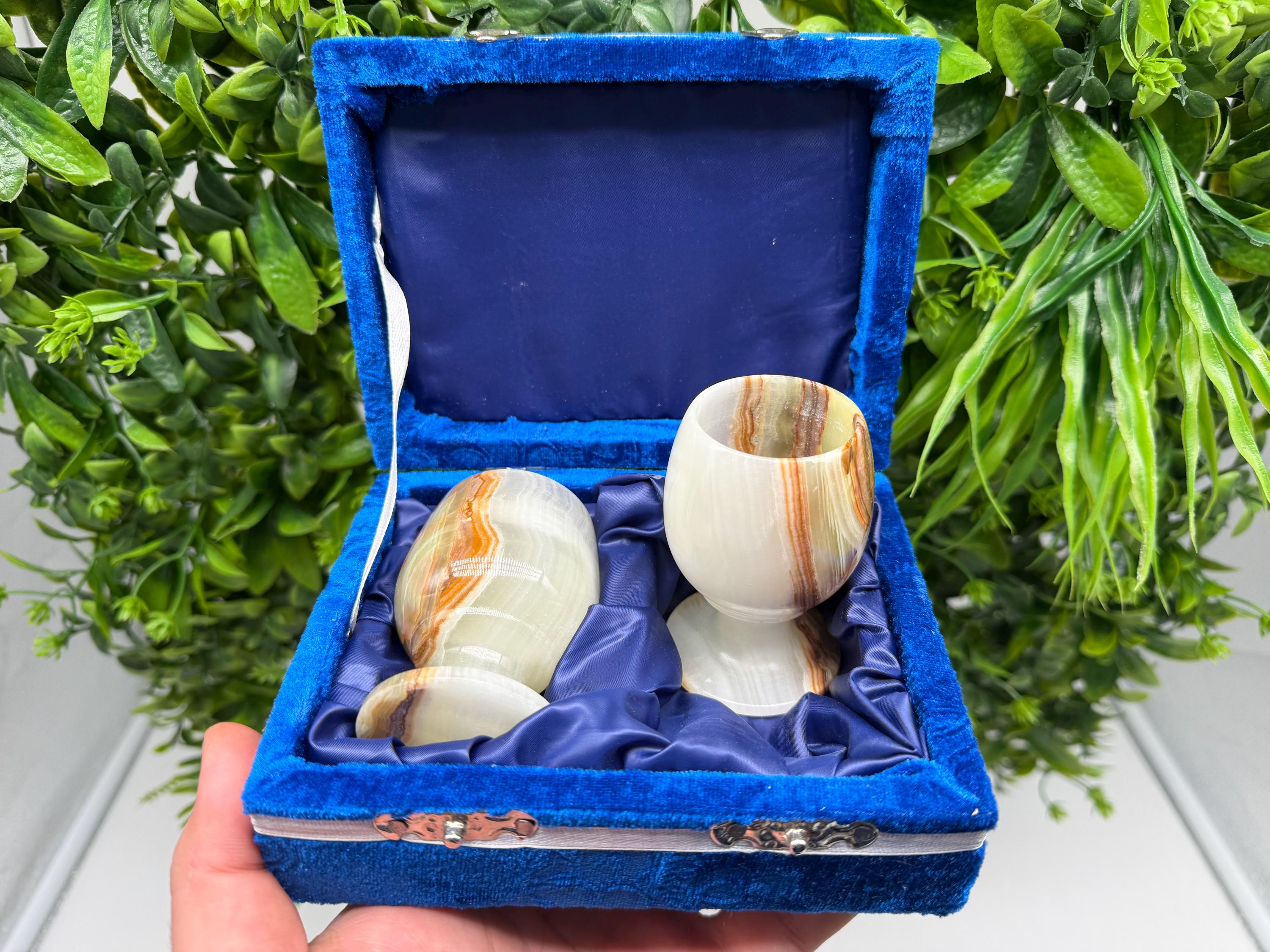 Vintage Natural Onyx Goblet Set: Stone Barware, 8cm WHIT BOX