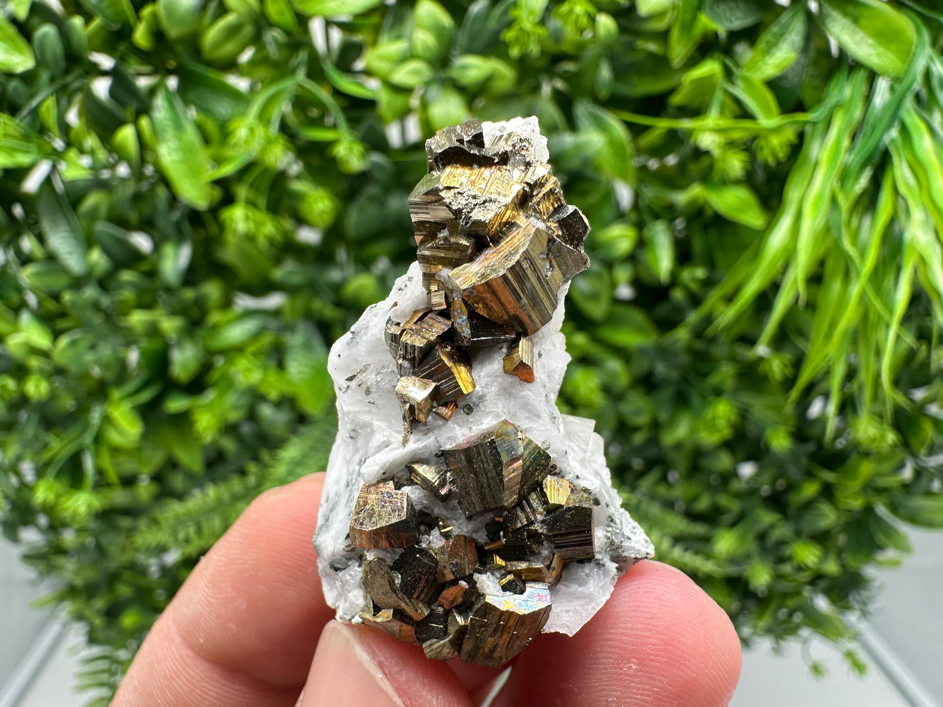 Rainbow Pyrite with Calcite, Natural Crystal Mineral Specimen, Borieva Bulgaria