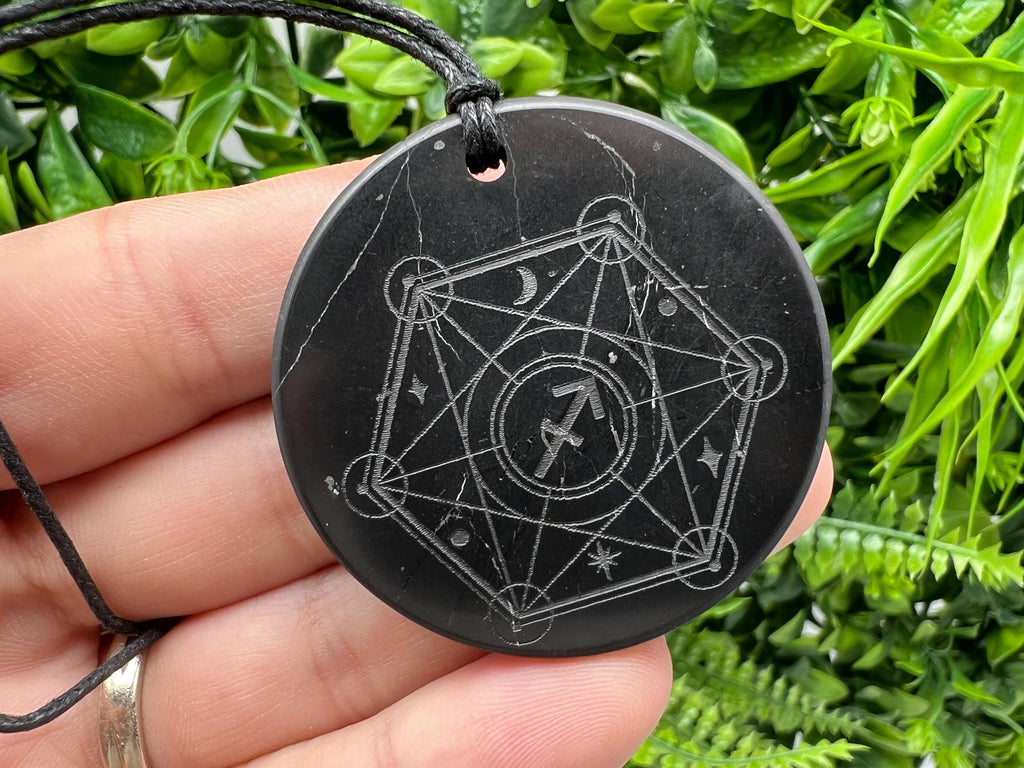 Shungite Sagittarius Zodiac Pendant Necklace: EMF Protection Healing Stone