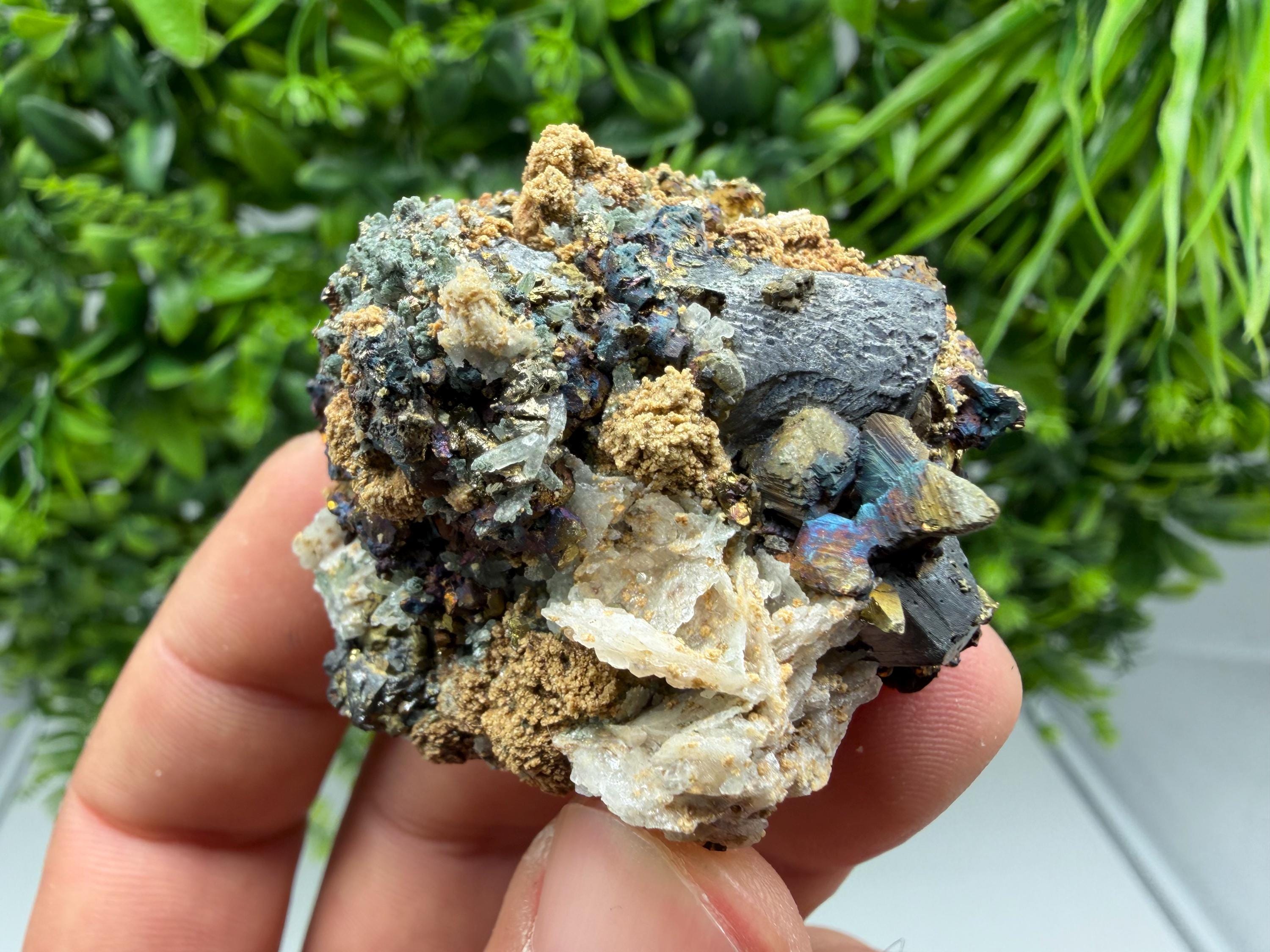 Rainbow Pyrite on Sphalerite with Quartz and Siderite, Collection Specimen