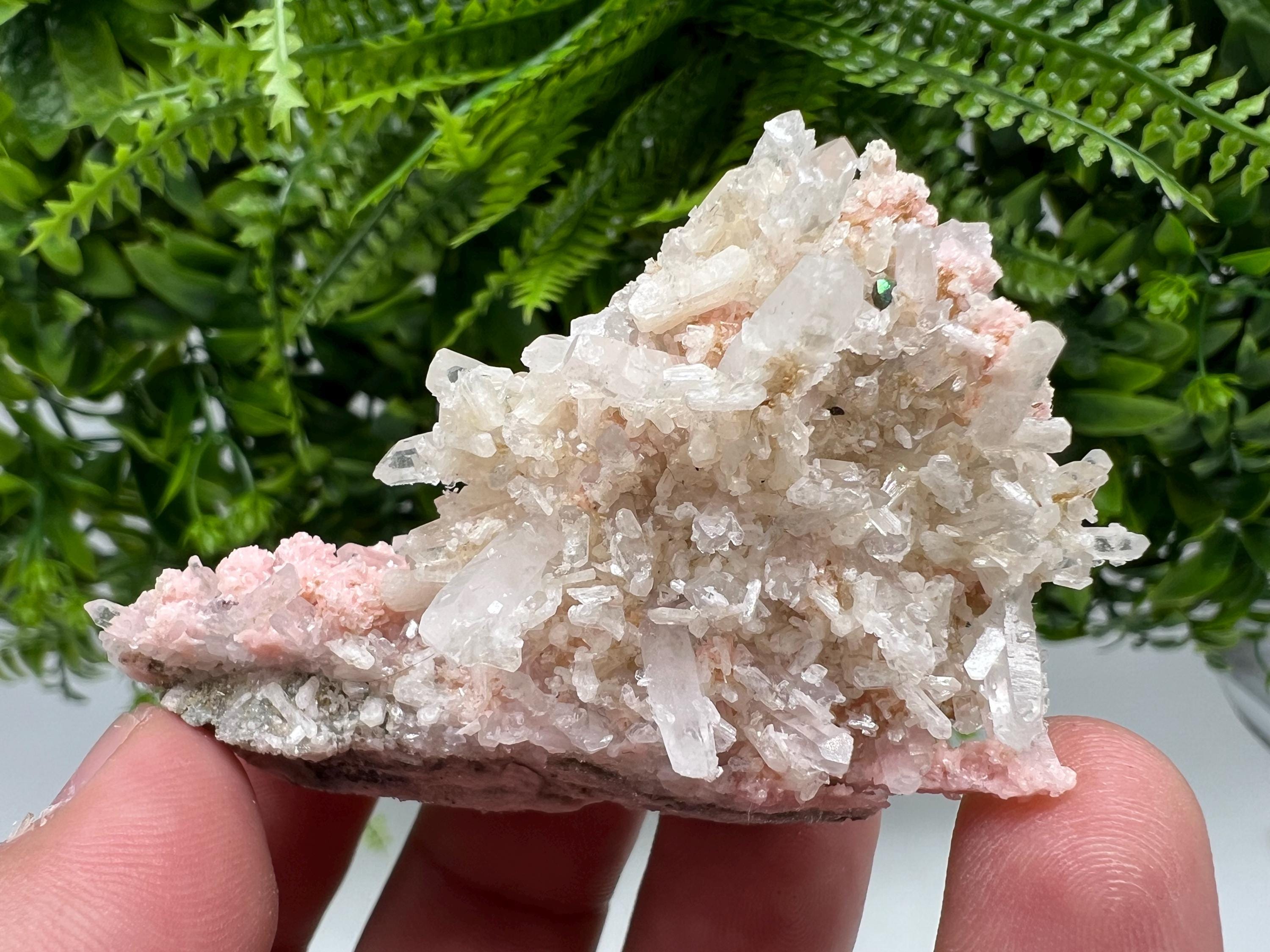 One beautiful cabinet size specimen of rhodochrosite, overgrowth by well-terminated quartz crystals Starnica mine Davidcovo area Bulgaria