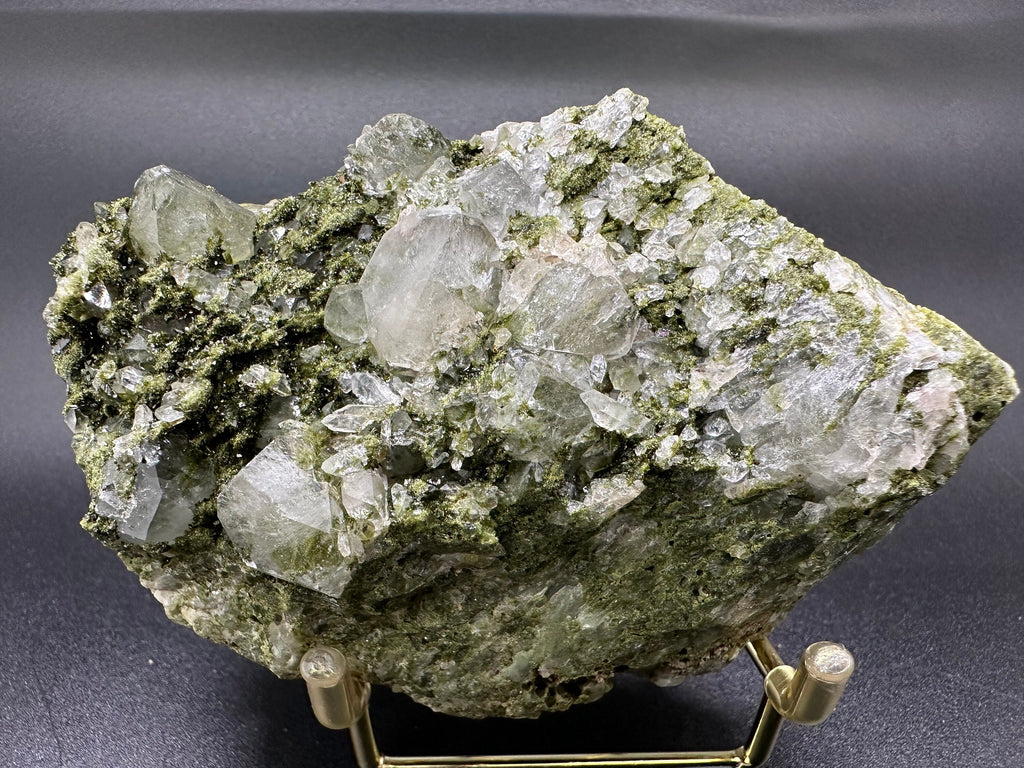 Rare Green Epidote with Quartz Crystals: Sparkly Rainbow Stone Decor