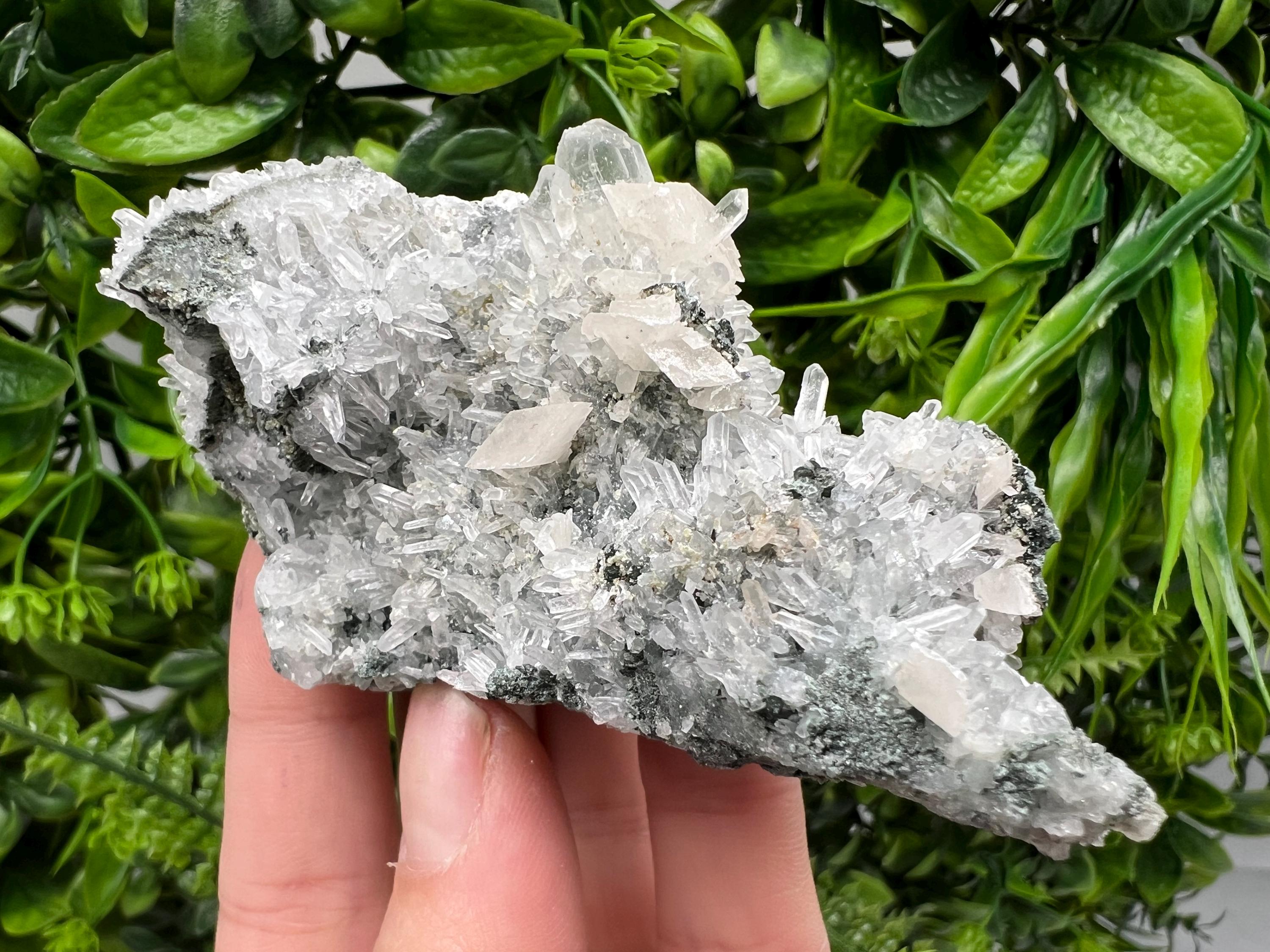 Calcite on Quartz Crystal: Borieva Mine, Bulgaria