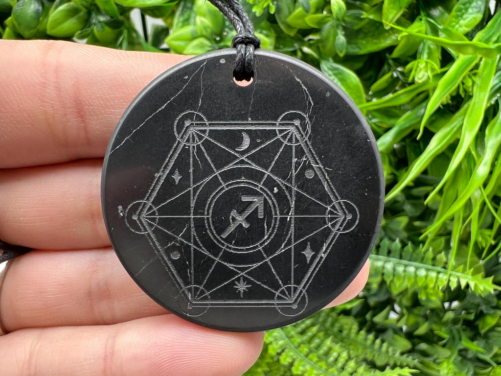 Shungite Sagittarius Zodiac Pendant Necklace: EMF Protection Healing Stone