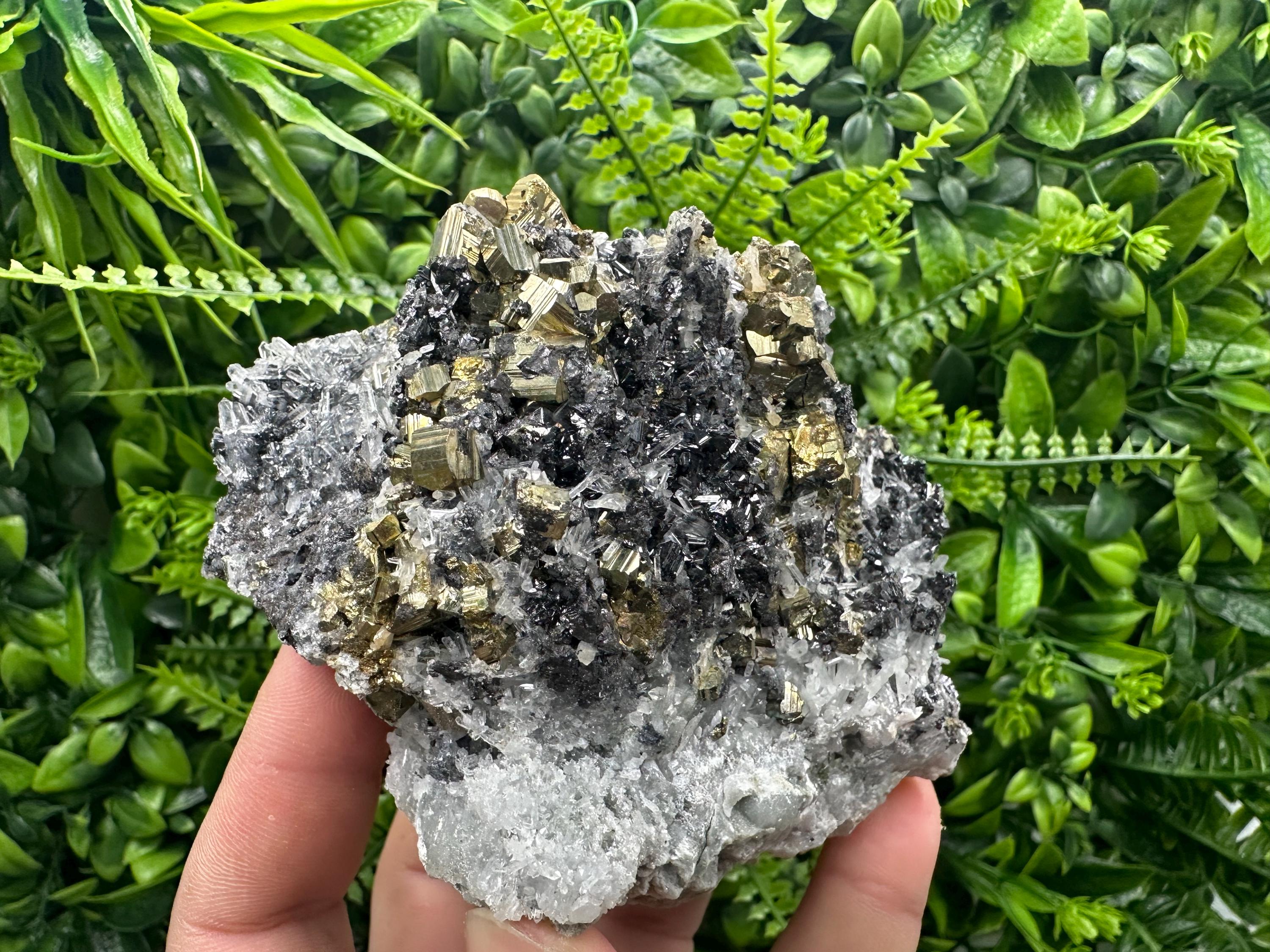 Rainbow Pyrite Cluster on Sphalerite Quartz, Borieva Mine Bulgaria