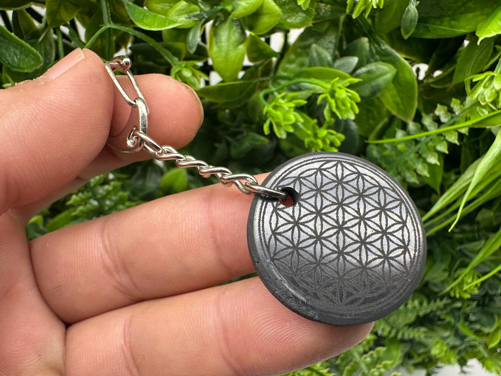Shungite Keychain: Flower of Life Crystal Pendant, EMF Protection