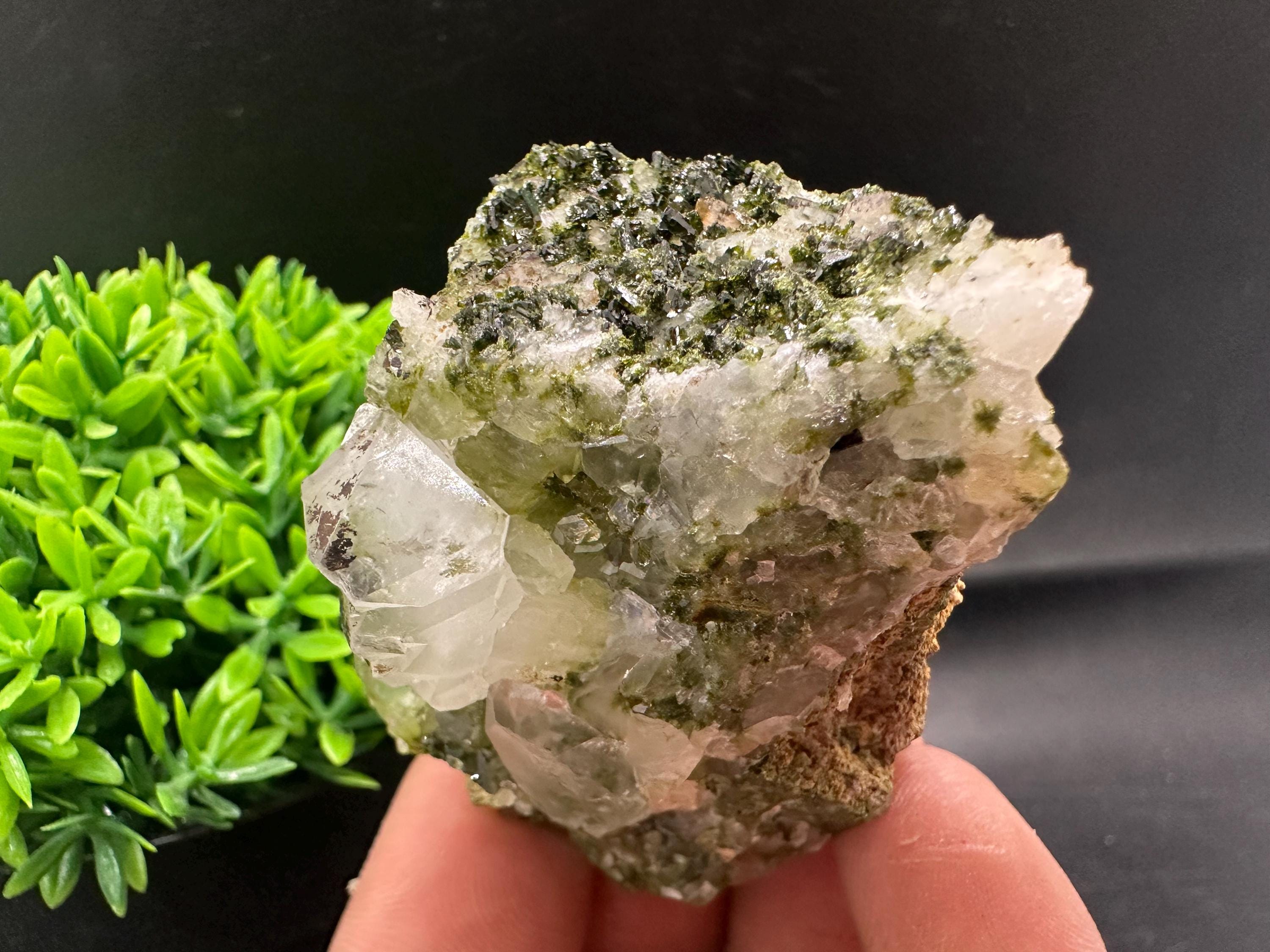 Rare Green Epidote with Quartz Crystals: Sparkly Rainbow Mineral Decor