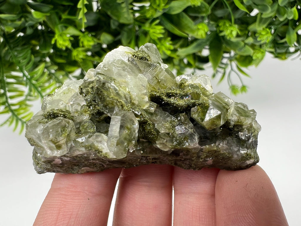 Green Epidote with Quartz Crystals: Sparkly Rainbow Stone, Turkey