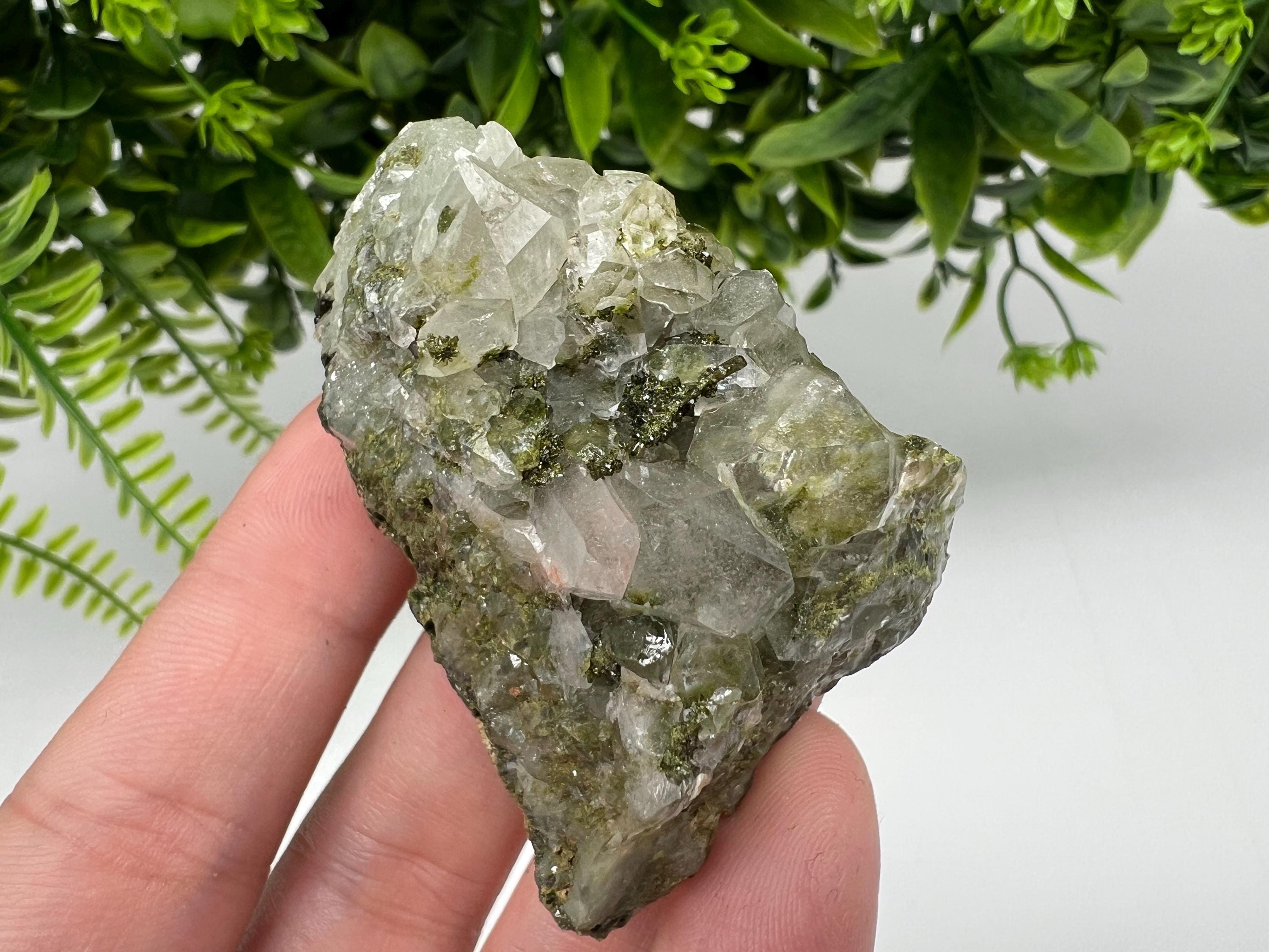 Rare Green Epidote with Quartz Crystals - Rainbow Sparkle Stone, Turkey