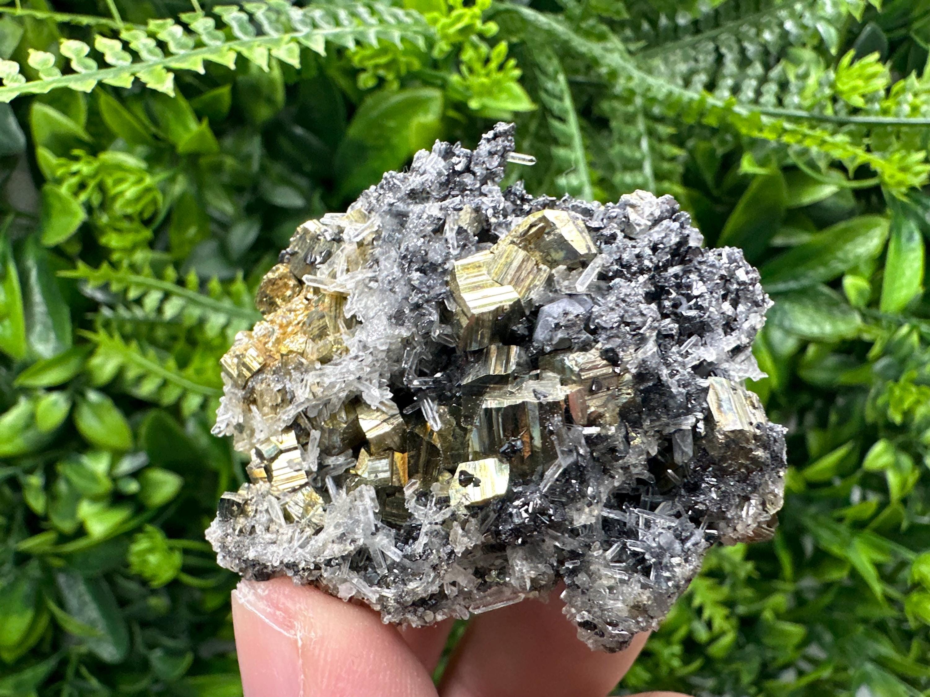 Rainbow Pyrite Cluster on Sphalerite Quartz, Borieva Mine Mineral Specimen