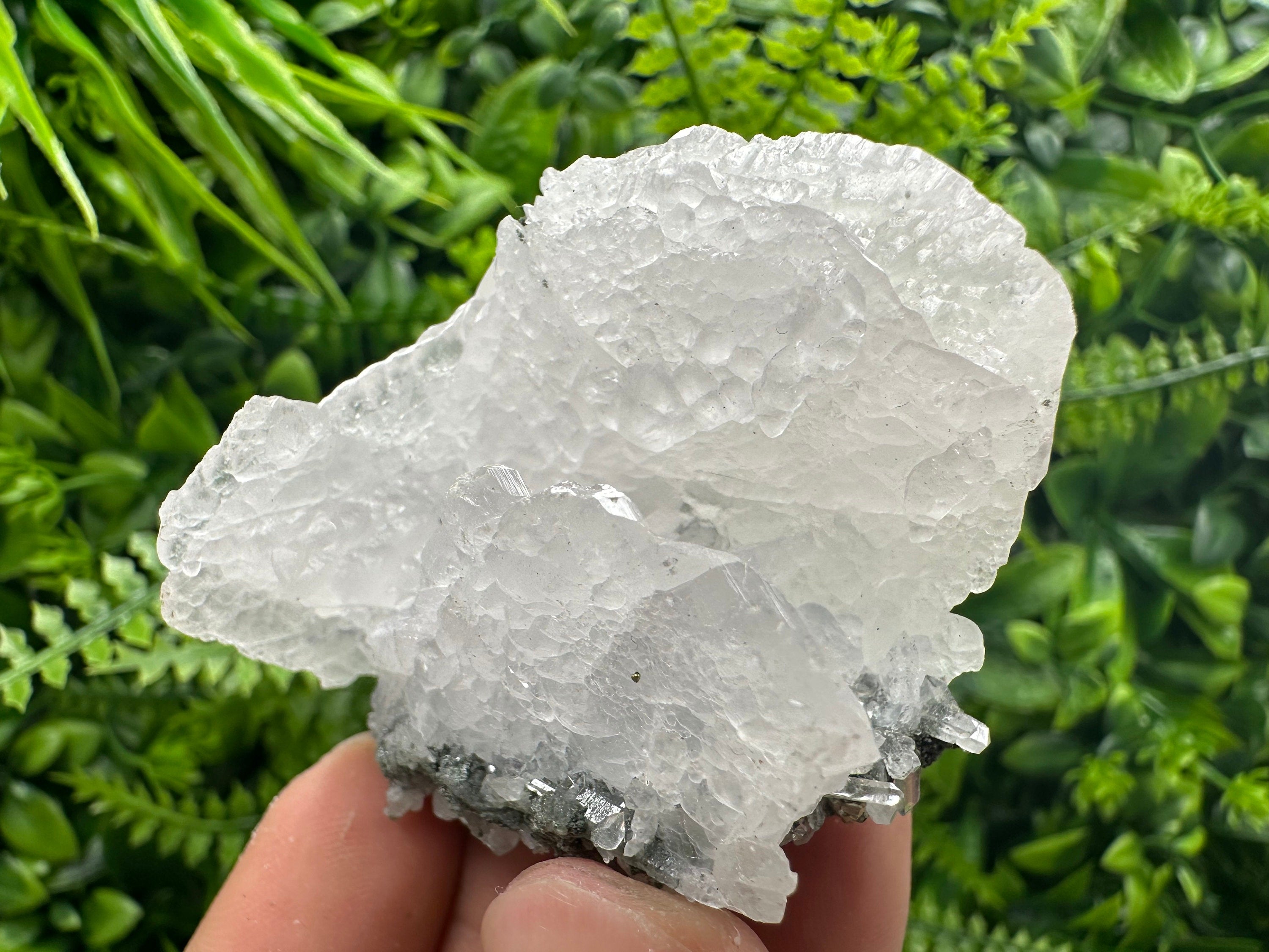 Calcite on Green Quartz: Djurcovo Mine, Bulgaria