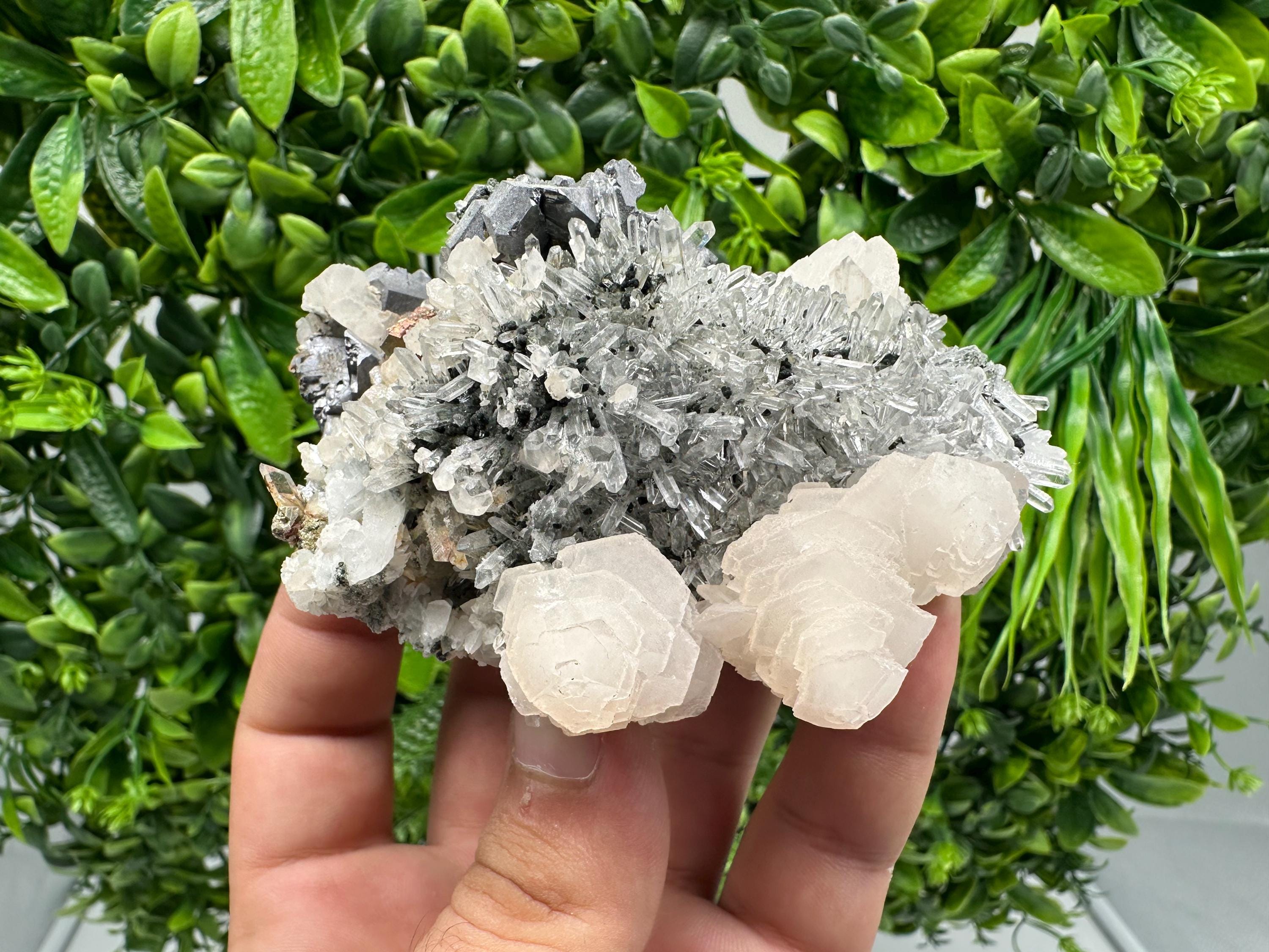 Galena Sphalerite Calcite on Quartz: Borieva Mine Crystal Decor