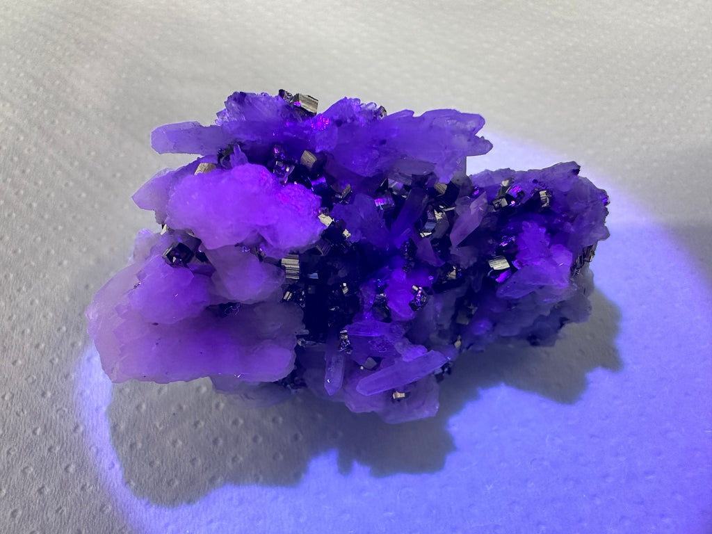Pyrite on UV Calcite Mineral Specimen, Borieva Mine Bulgaria