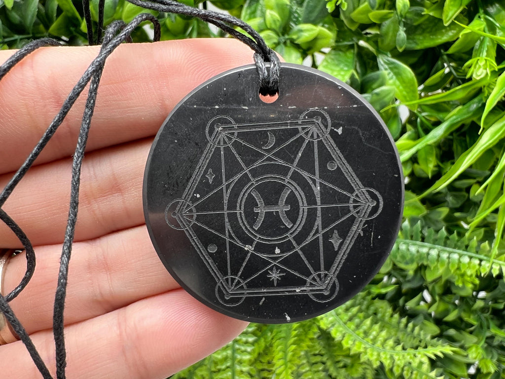 Shungite Pisces Zodiac Pendant Necklace: EMF Protection Healing Stone