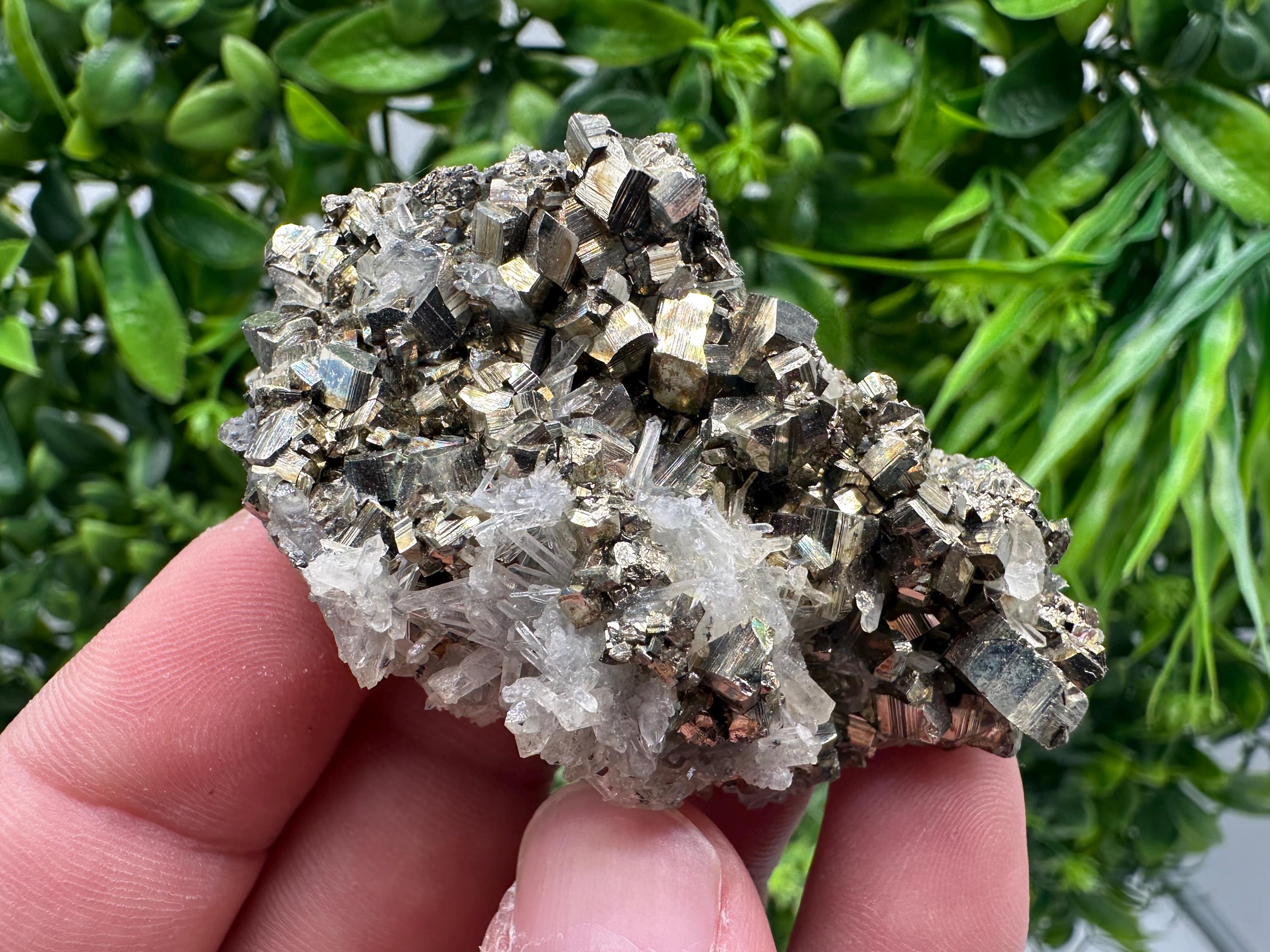 Rainbow Pyrite with Sphalerite on Quartz: Natural Crystal Home Decor