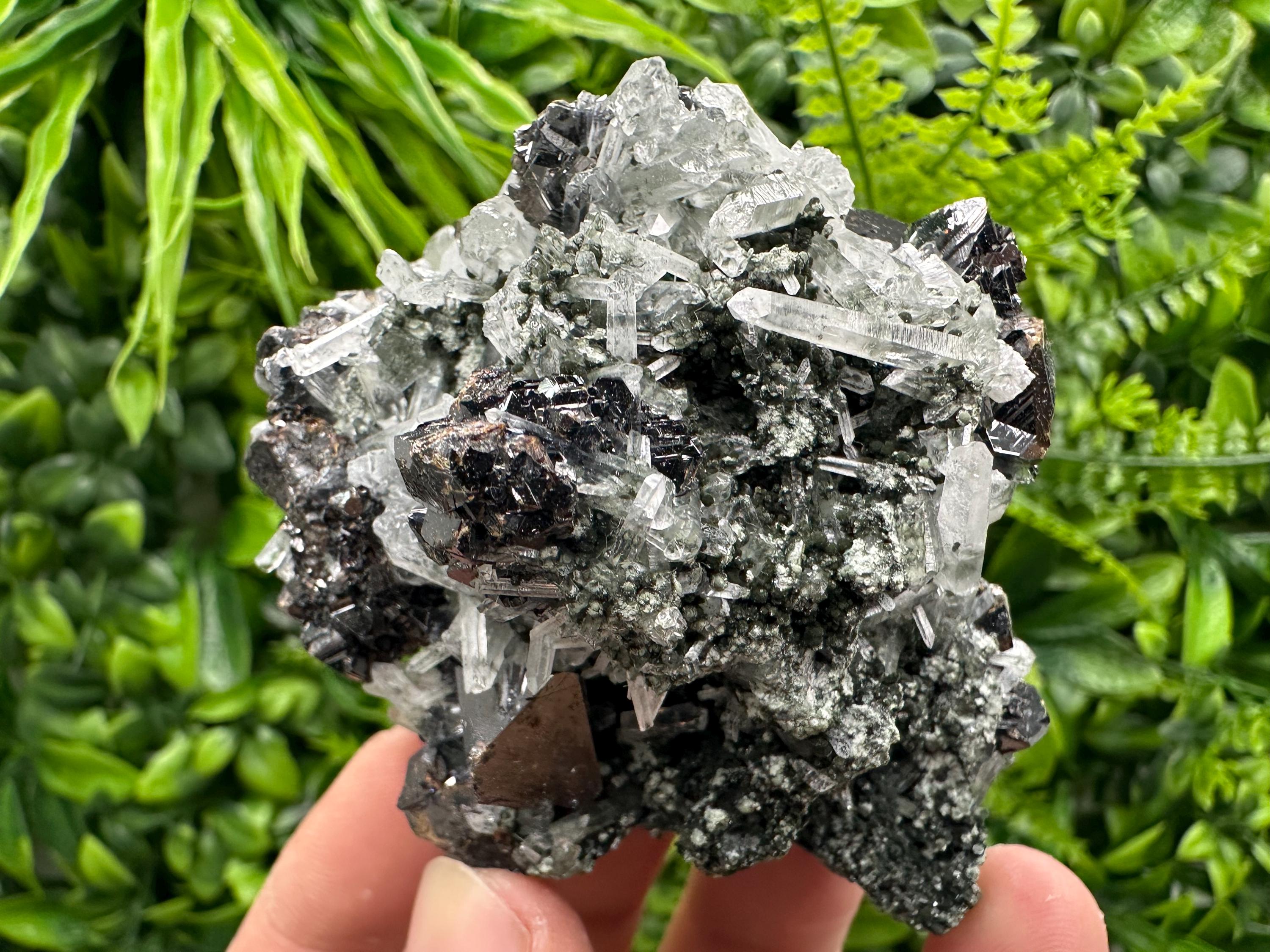 Black Sphalerite with Quartz Cluster, Natural Mineral Specimen