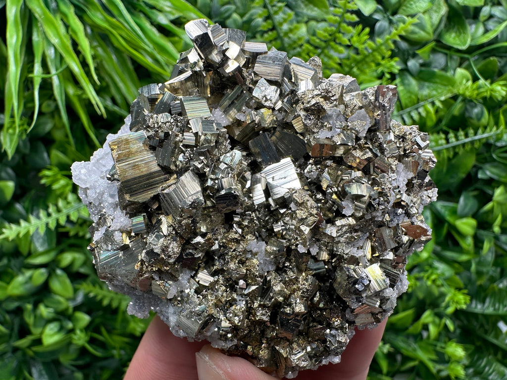 Rainbow Pyrite on Calcite Cluster, Bulgaria Mineral Specimen