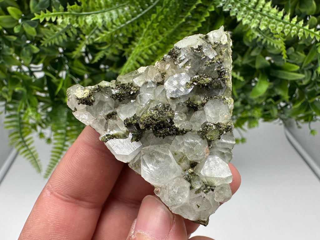 Rare Green Epidote with Quartz Crystals: Sparkly Rainbow Stone Decor