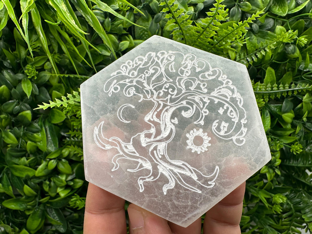 Tree of Life Selenite Plate: Crystal Recharging & Stone Purification (10/10cm)