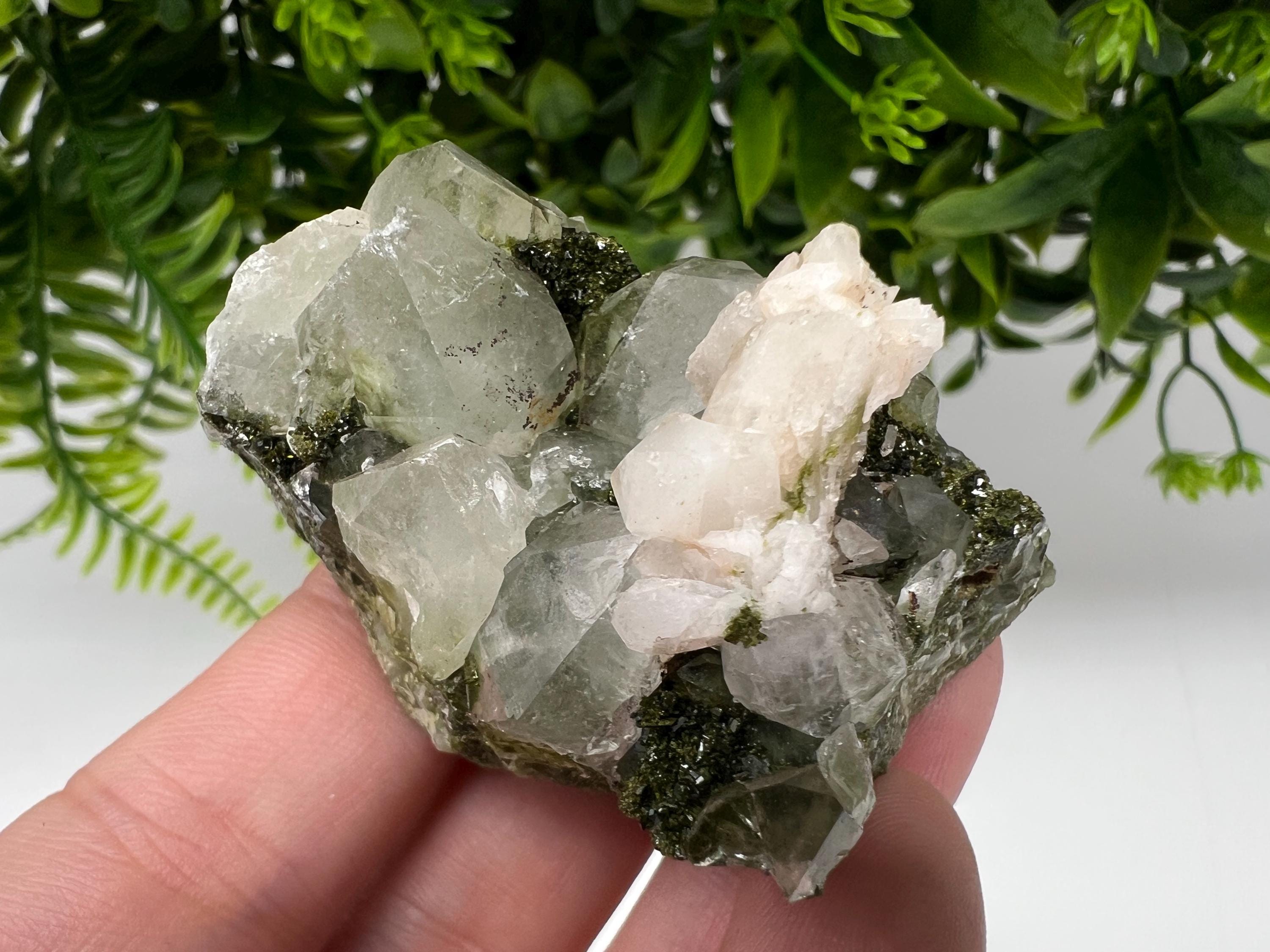 Green Epidote with Quartz Crystals: Rainbow Sparkle, Eastern Anatolian Mineral