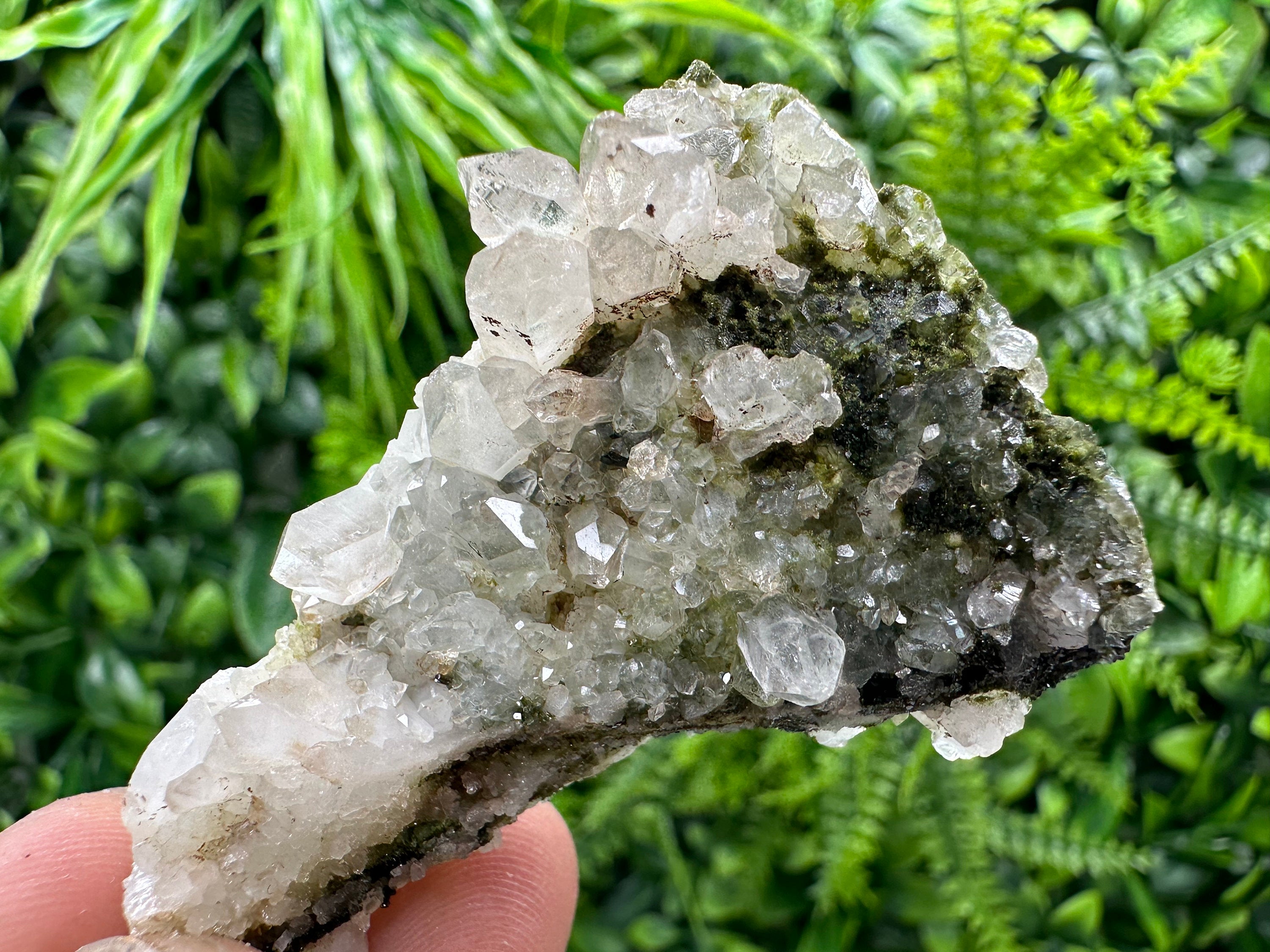 Rare Green Epidote with Quartz Crystals: Sparkly Rainbow Stone Decor