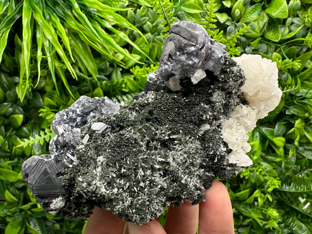 Galena Sphalerite Mineral Specimen, Calcite on Quartz, Bulgarian Crystal