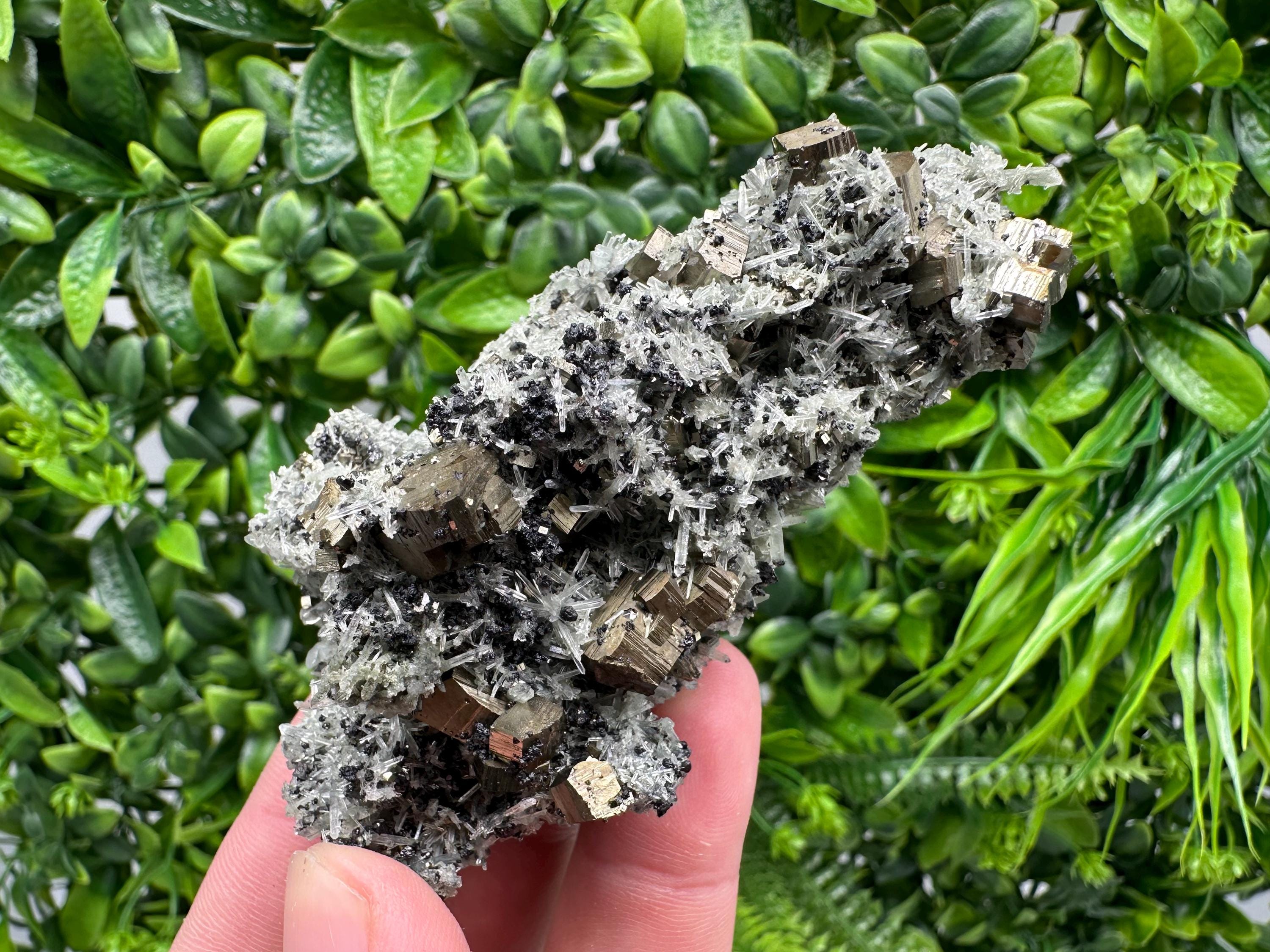 Pyrite on Needle Quartz Mineral Specimen, Borieva Mine, Bulgaria