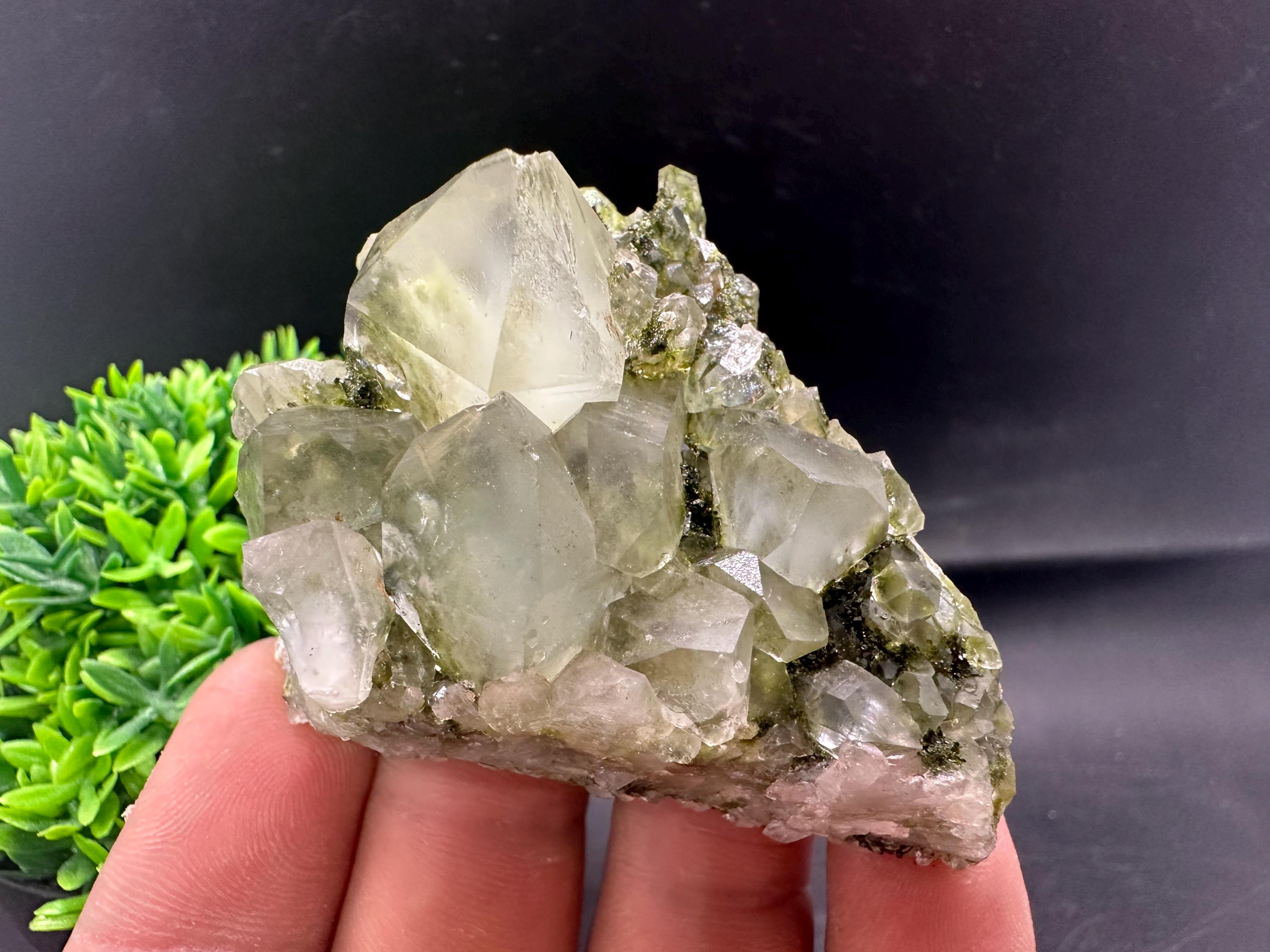 Rare Green Epidote with Quartz Crystals: Sparkly Rainbow Mineral Decor