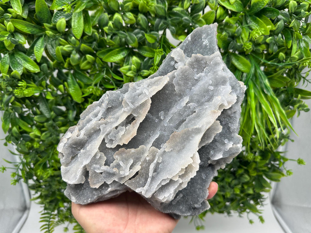 Large Blue Chalcedony Quartz Cluster: Chlorite Inclusions, Home Decor Stone
