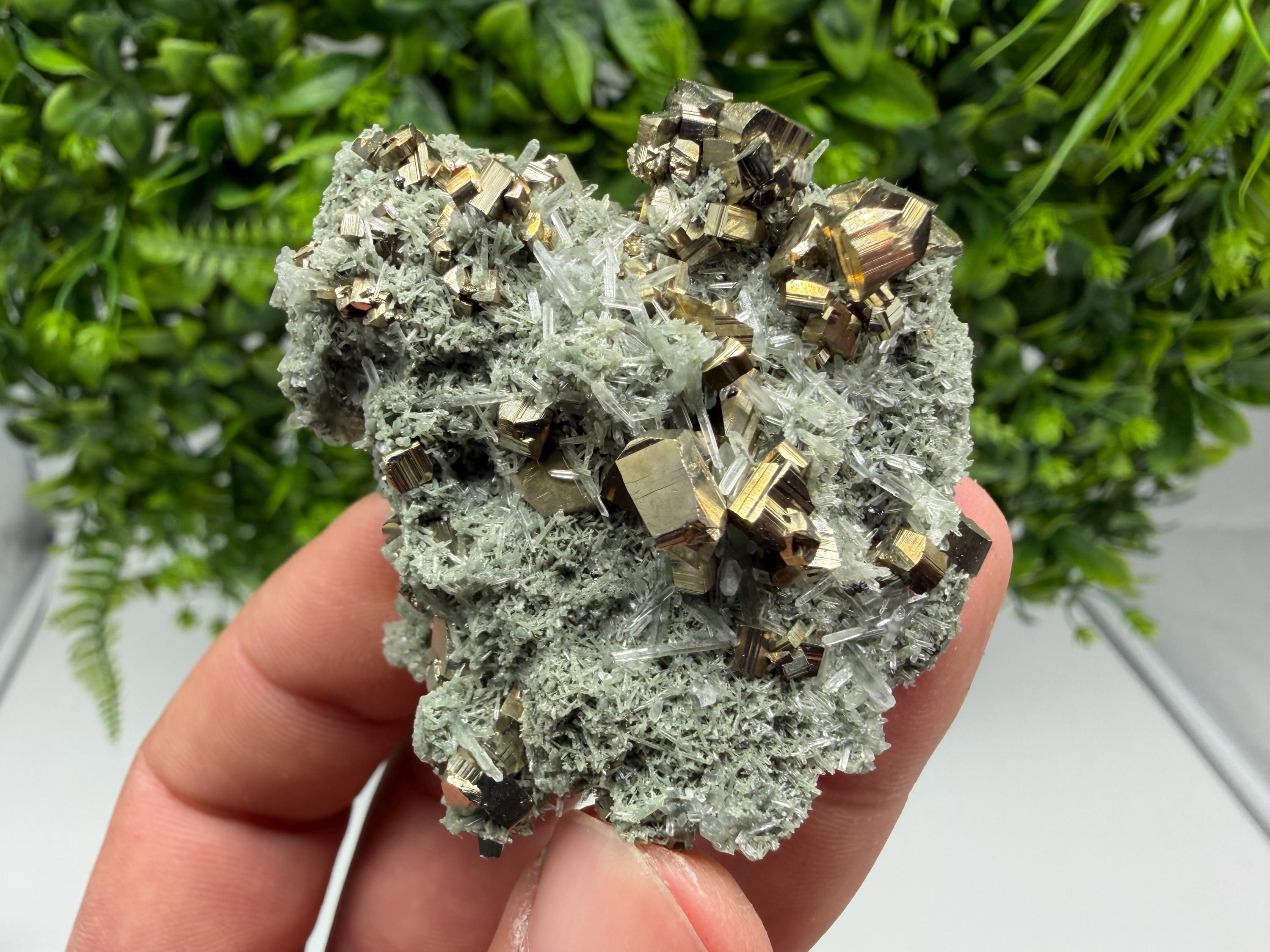 Pyrite on Green Quartz Mineral Specimen, Borieva Mine, Bulgaria