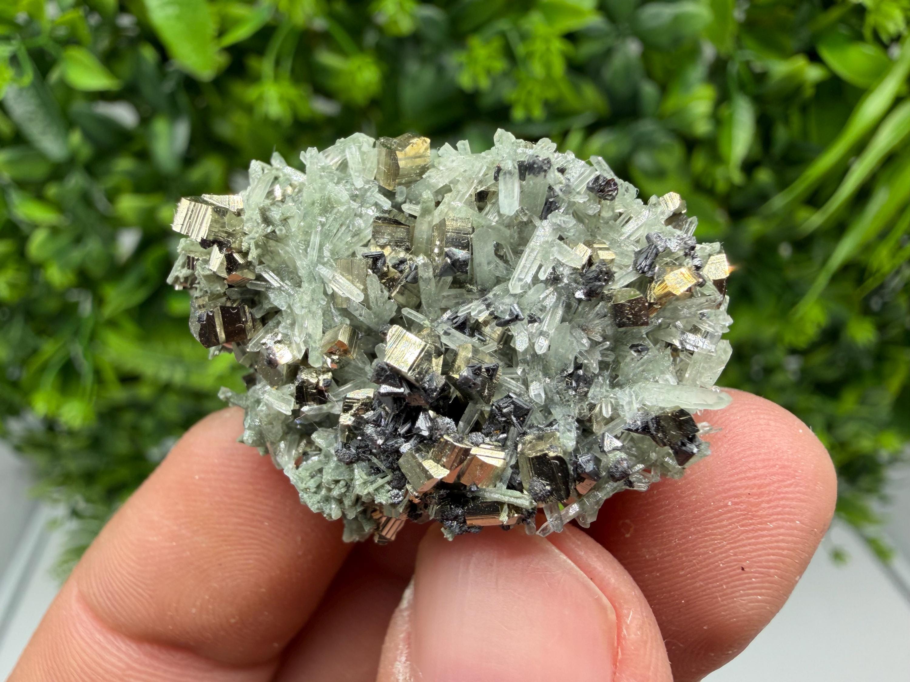 Pyrite on Green Quartz Mineral Specimen, Borieva Mine, Bulgaria