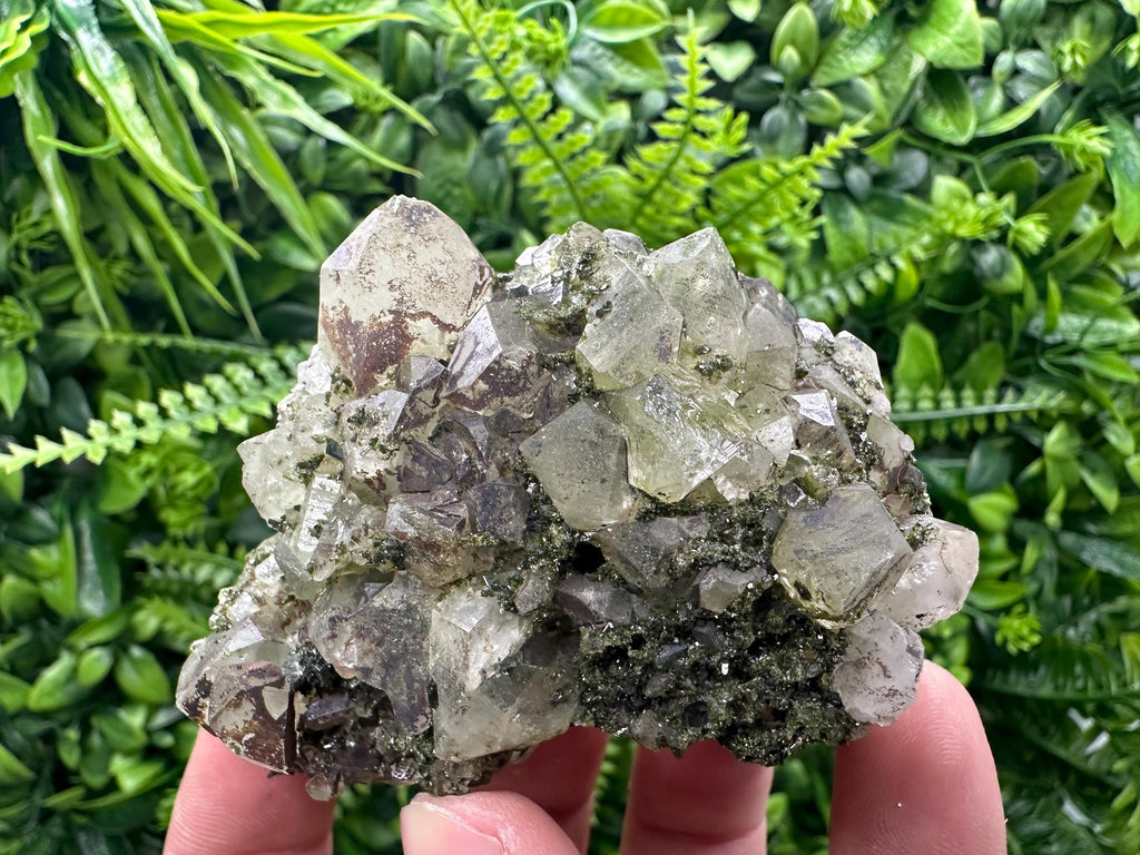Rare Green Epidote with Quartz Crystals: Sparkly Rainbow Mineral Decor
