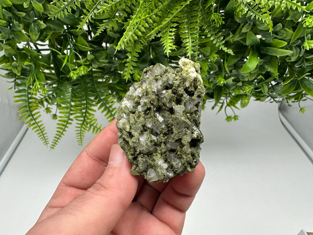 Rare Green Epidote with Quartz Crystals: Sparkly Rainbow Stone Decor