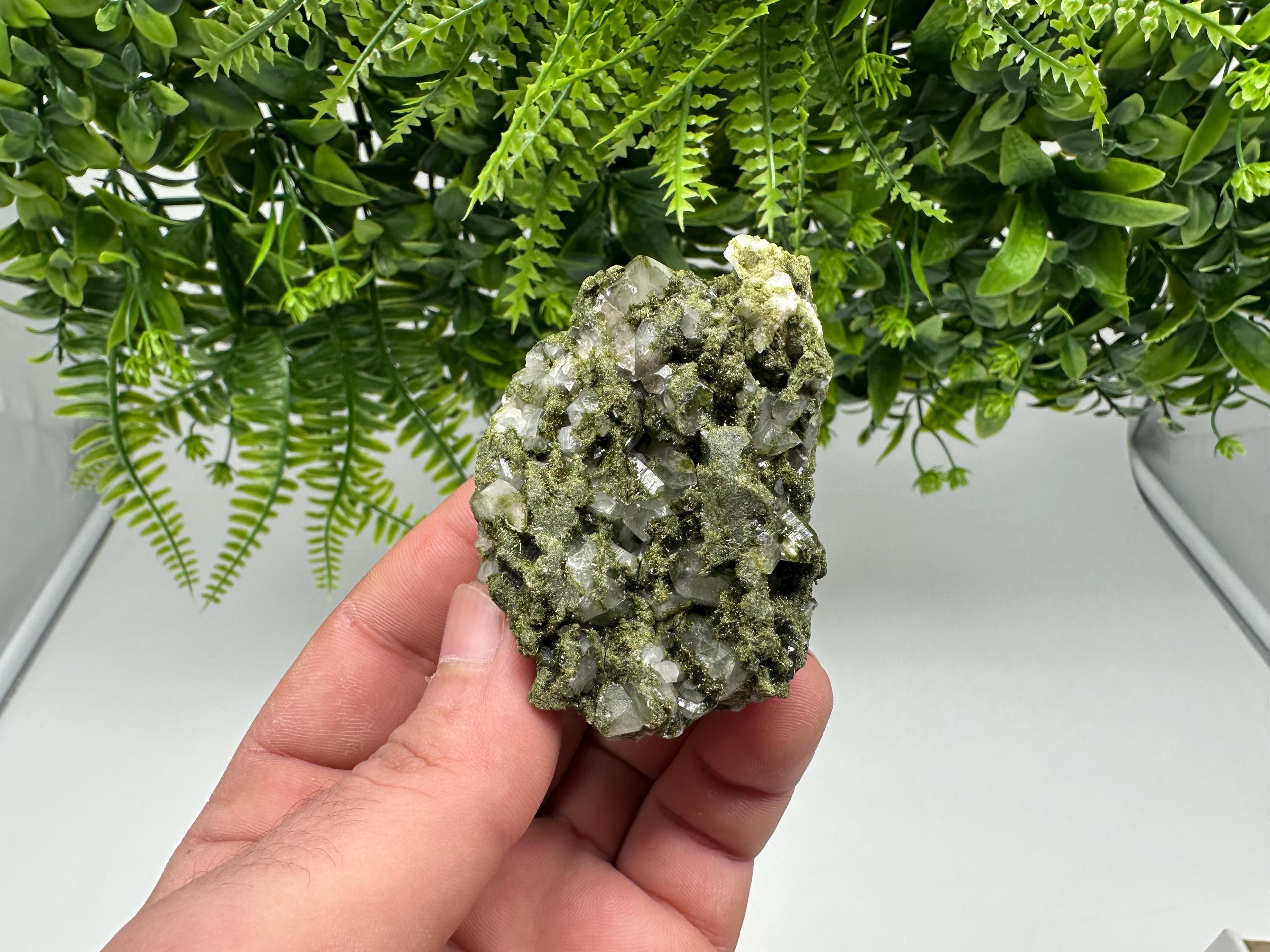 Rare Green Epidote with Quartz Crystals: Sparkly Rainbow Stone Decor