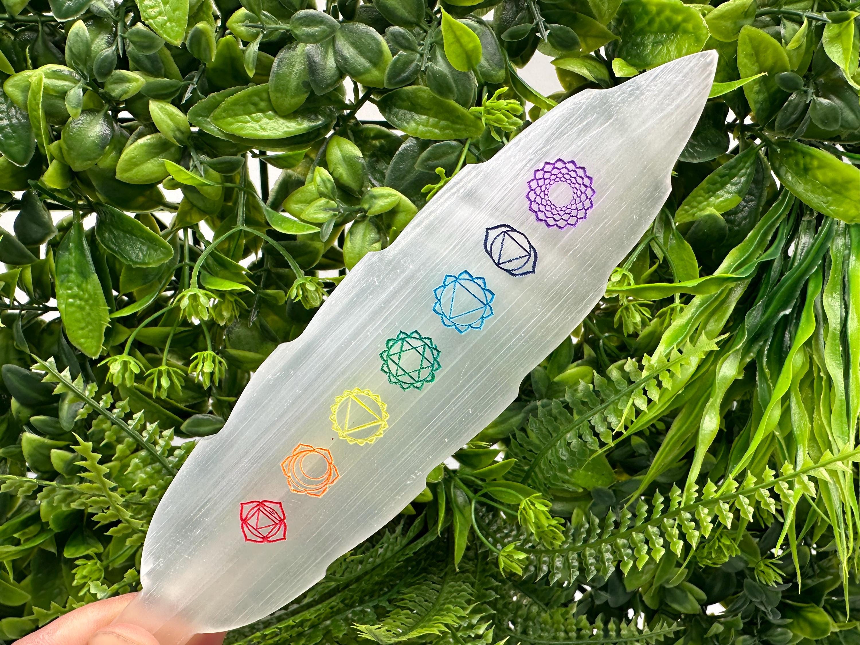 Selenite Chakra Charging Plate: Cleansing Wand Bar, 7 Chakra Ruler