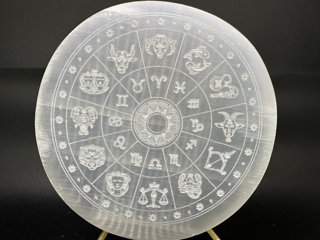 Natural Selenite Zodiac Disc (8/8cm): Engraved Crystal Decor