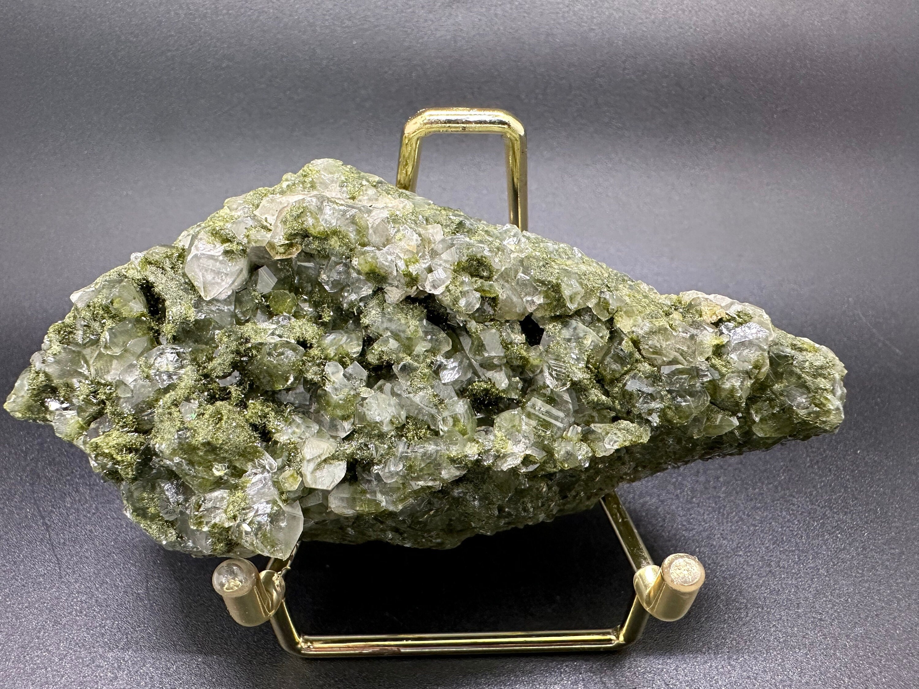 Rare Green Epidote with Quartz Crystals: Sparkly Rainbow Mineral Decor