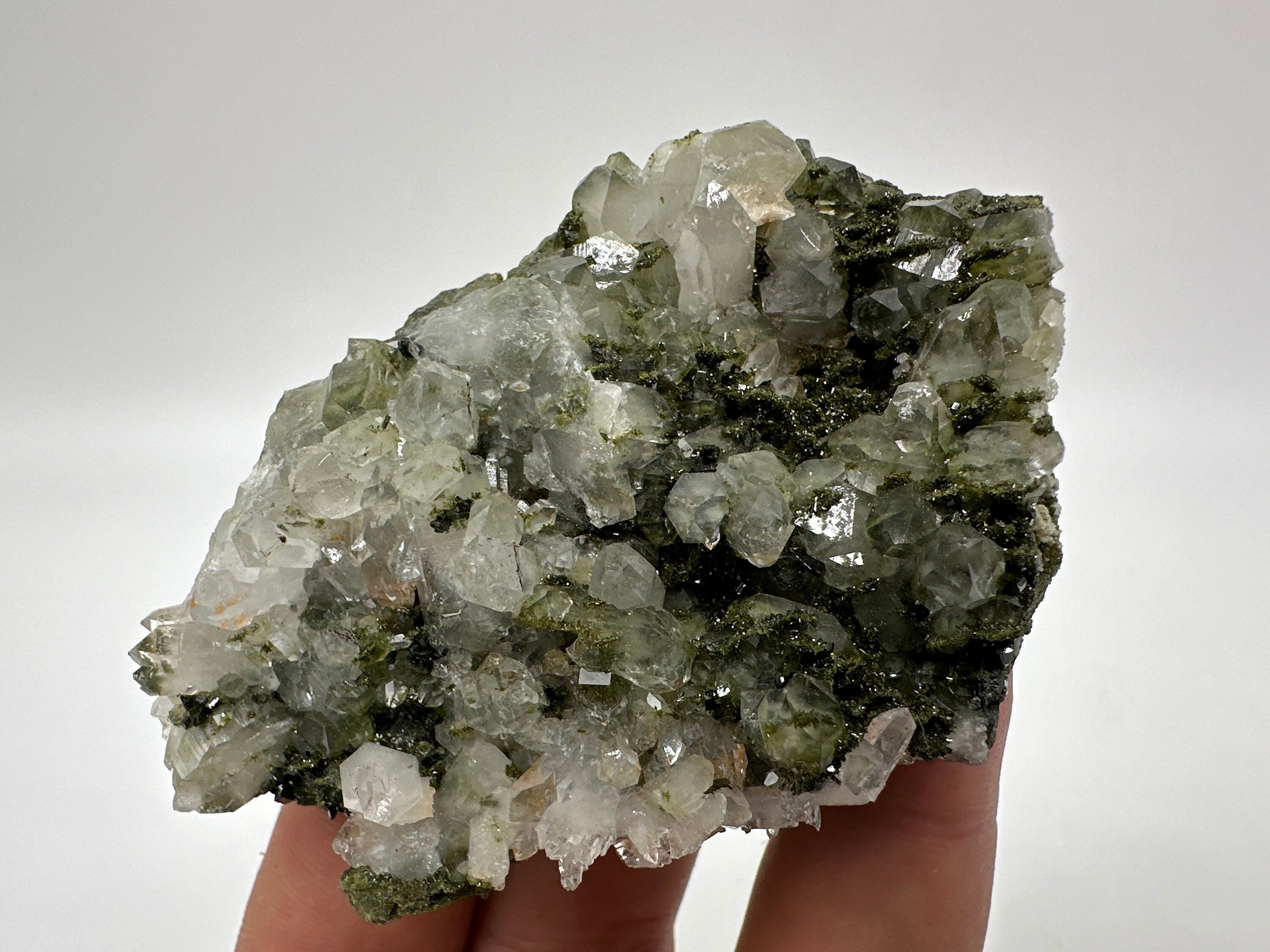 Rare Green Epidote with Quartz Crystals, Rainbow Sparkle, Turkey Mineral Specimen