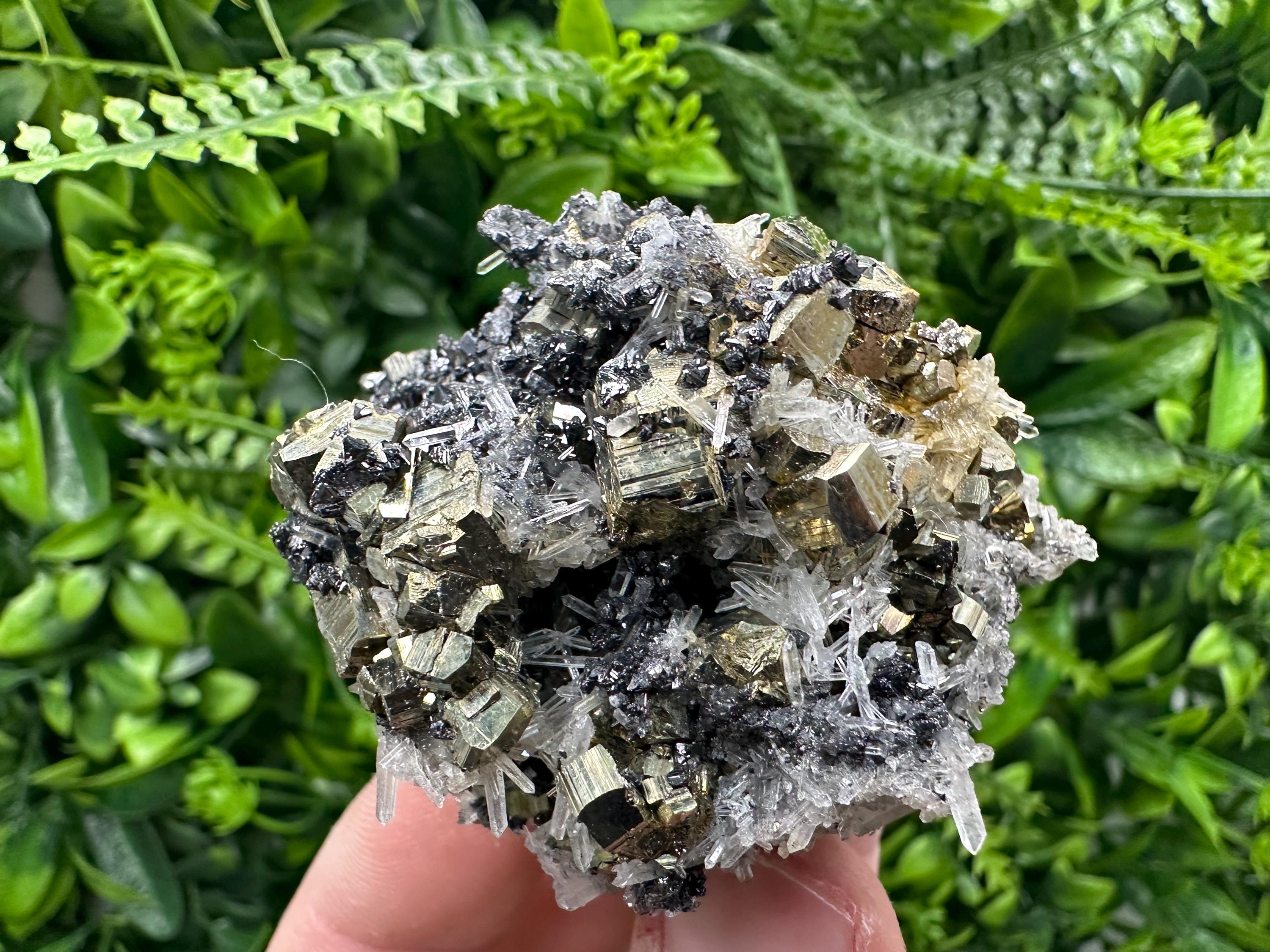 Rainbow Pyrite Cluster on Sphalerite Quartz, Borieva Mine Mineral Specimen