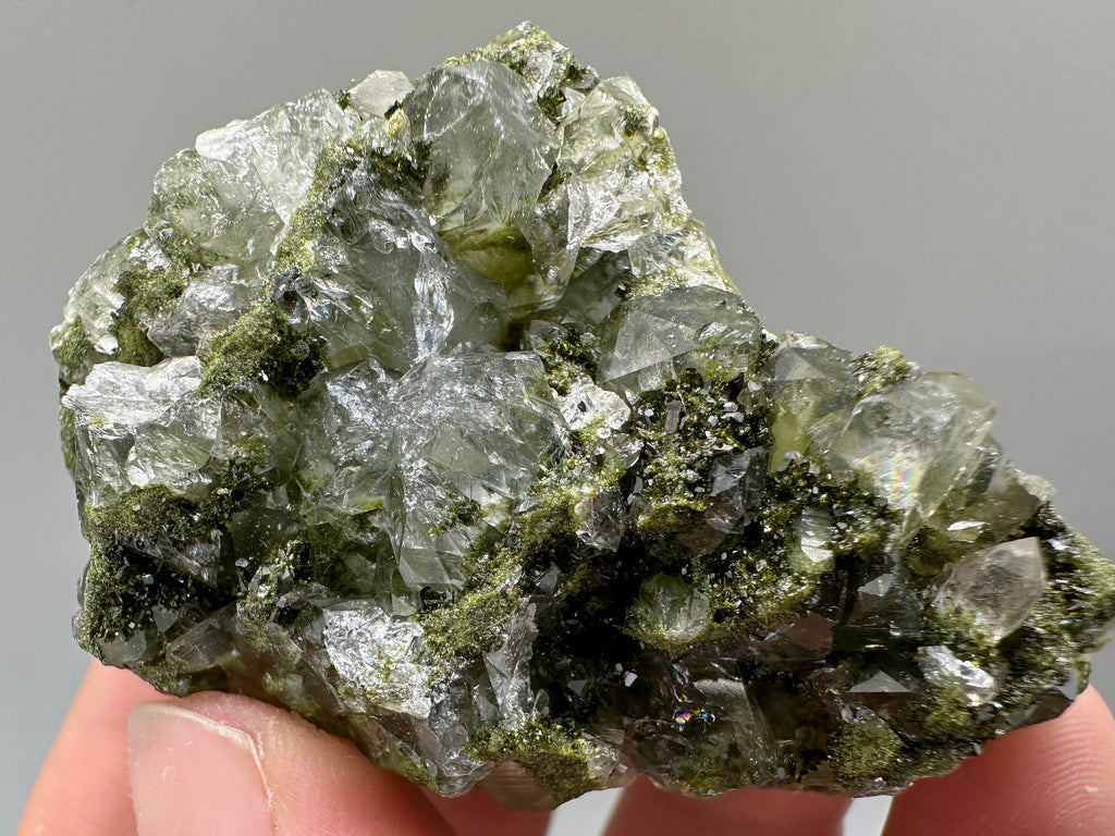 Rare Green Epidote with Quartz Crystals: Sparkly Rainbow Mineral Decor