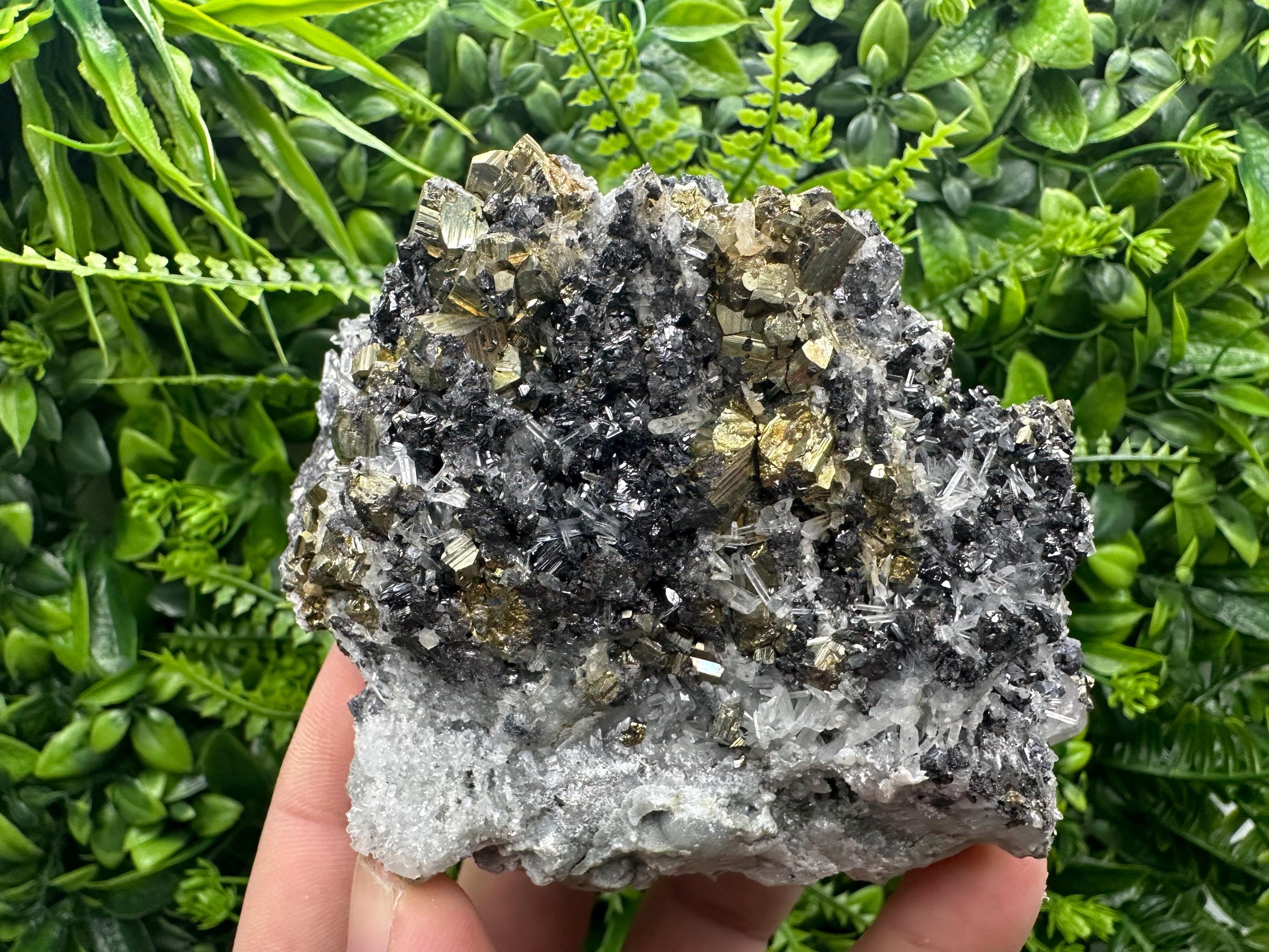 Rainbow Pyrite Cluster on Sphalerite Quartz, Borieva Mine Bulgaria