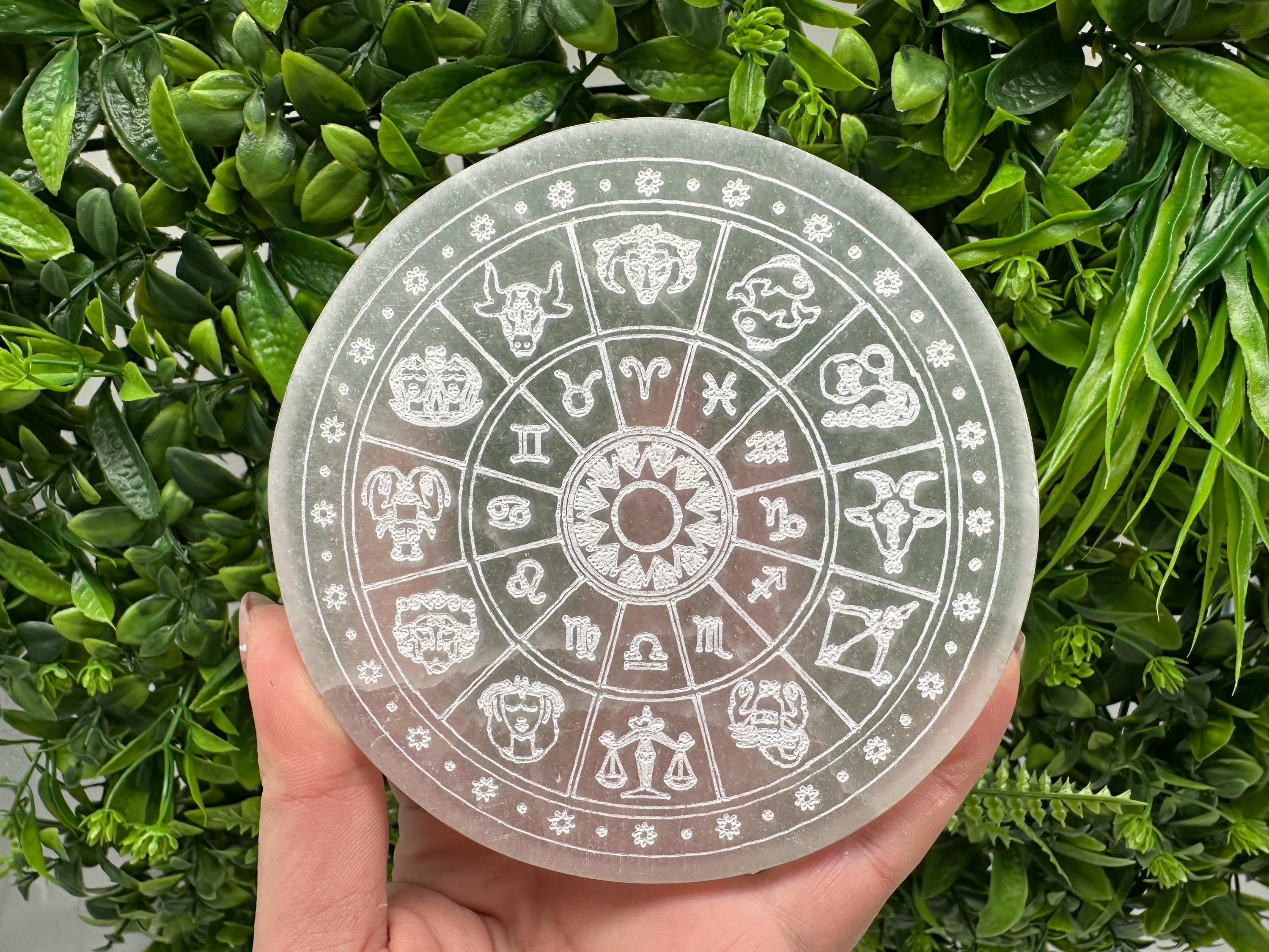 Natural Selenite Zodiac Disc (12cm): Engraved Crystal Decor