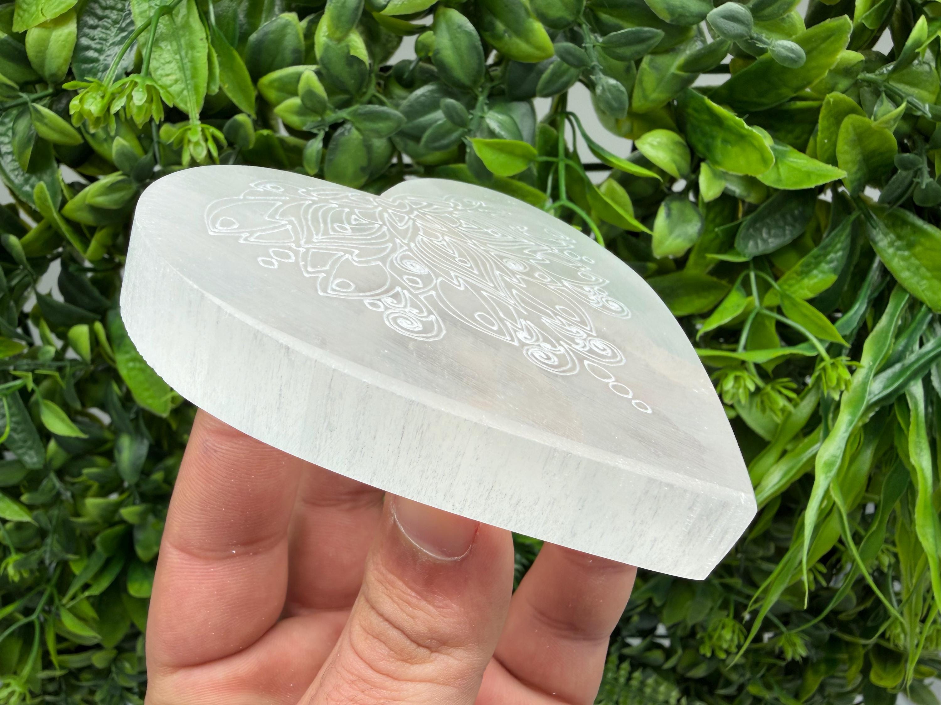 Selenite Heart Charging Plate with Lotus Flower Engraving – Crystal Altar Decor