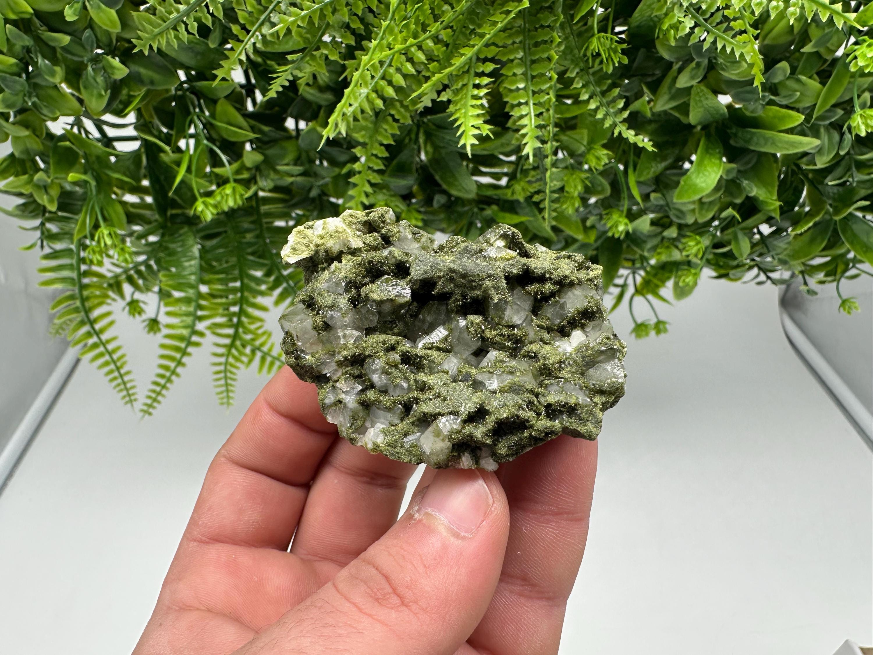 Rare Green Epidote with Quartz Crystals: Sparkly Rainbow Stone Decor