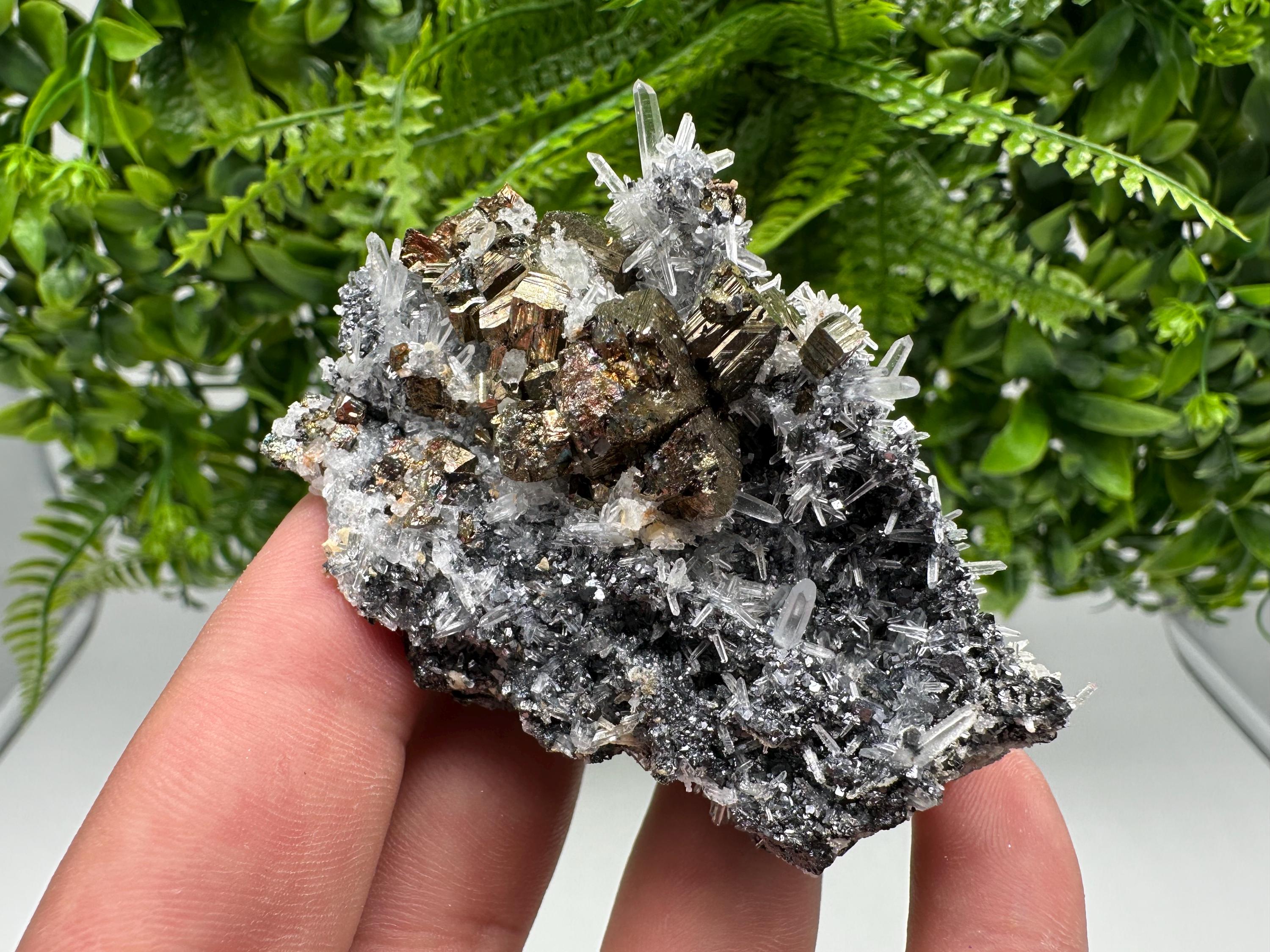 Rainbow Pyrite Sphalerite on Quartz: Natural Crystal Home Decor