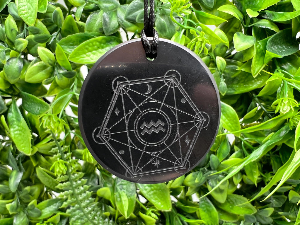 Shungite Aquarius Zodiac Pendant Necklace: EMF Protection Healing Stone