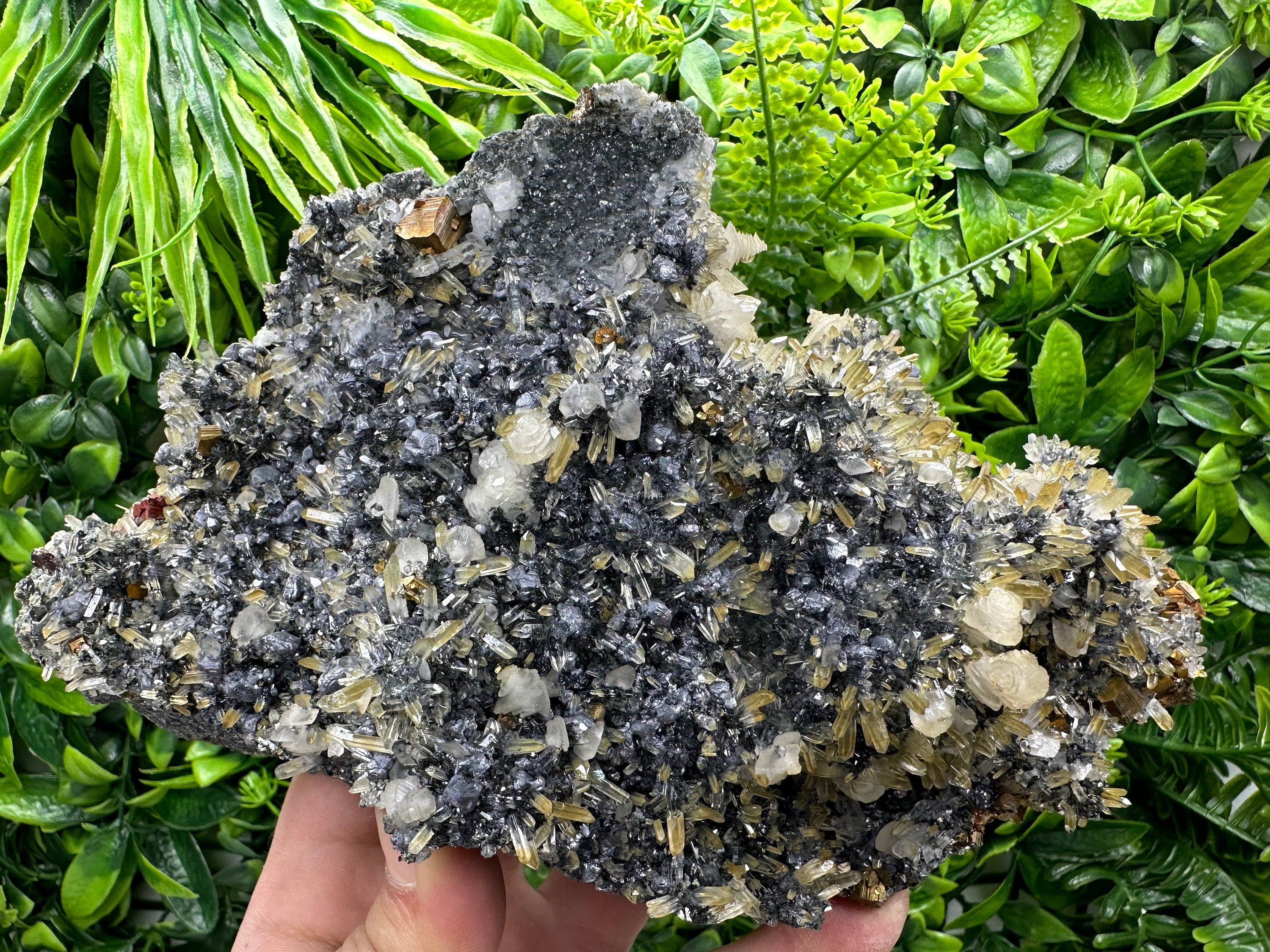 Pyrite Galena Calcite Sphalerite on Quartz Crystal: Borieva Bulgaria Decor Stone